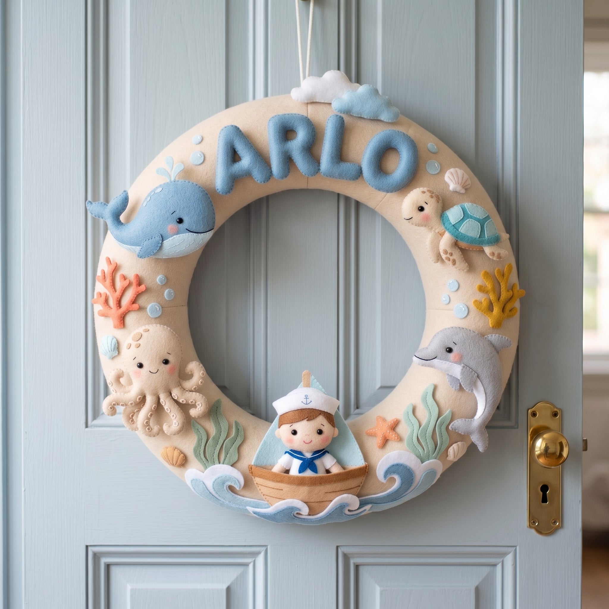 Handmade woodland felt baby mobile hanging above a wooden crib