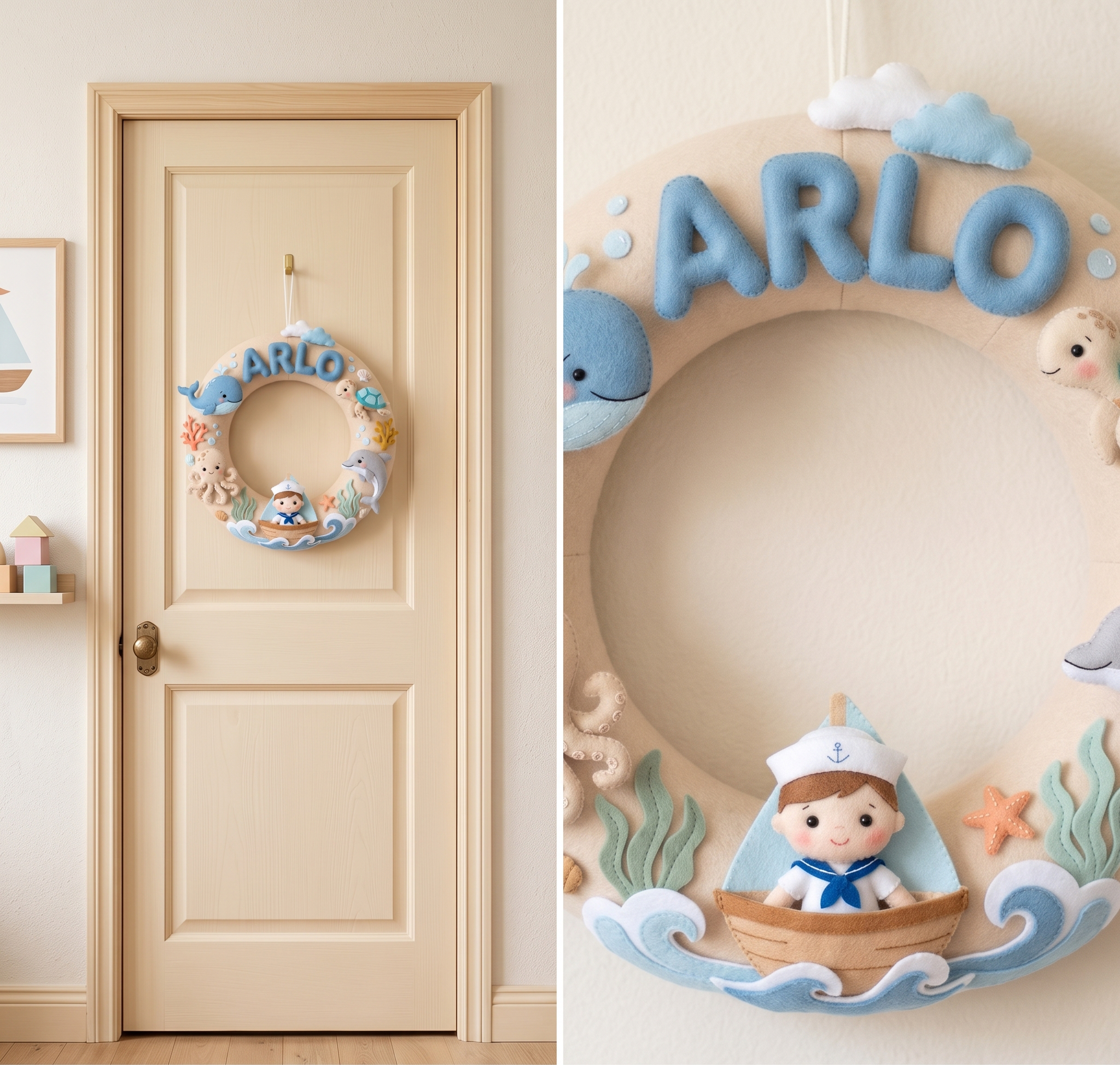 Felt Wreath Name Sign, Nautical Room Decor, Personalized Baby Boy Gift, Underwater Nursery Theme