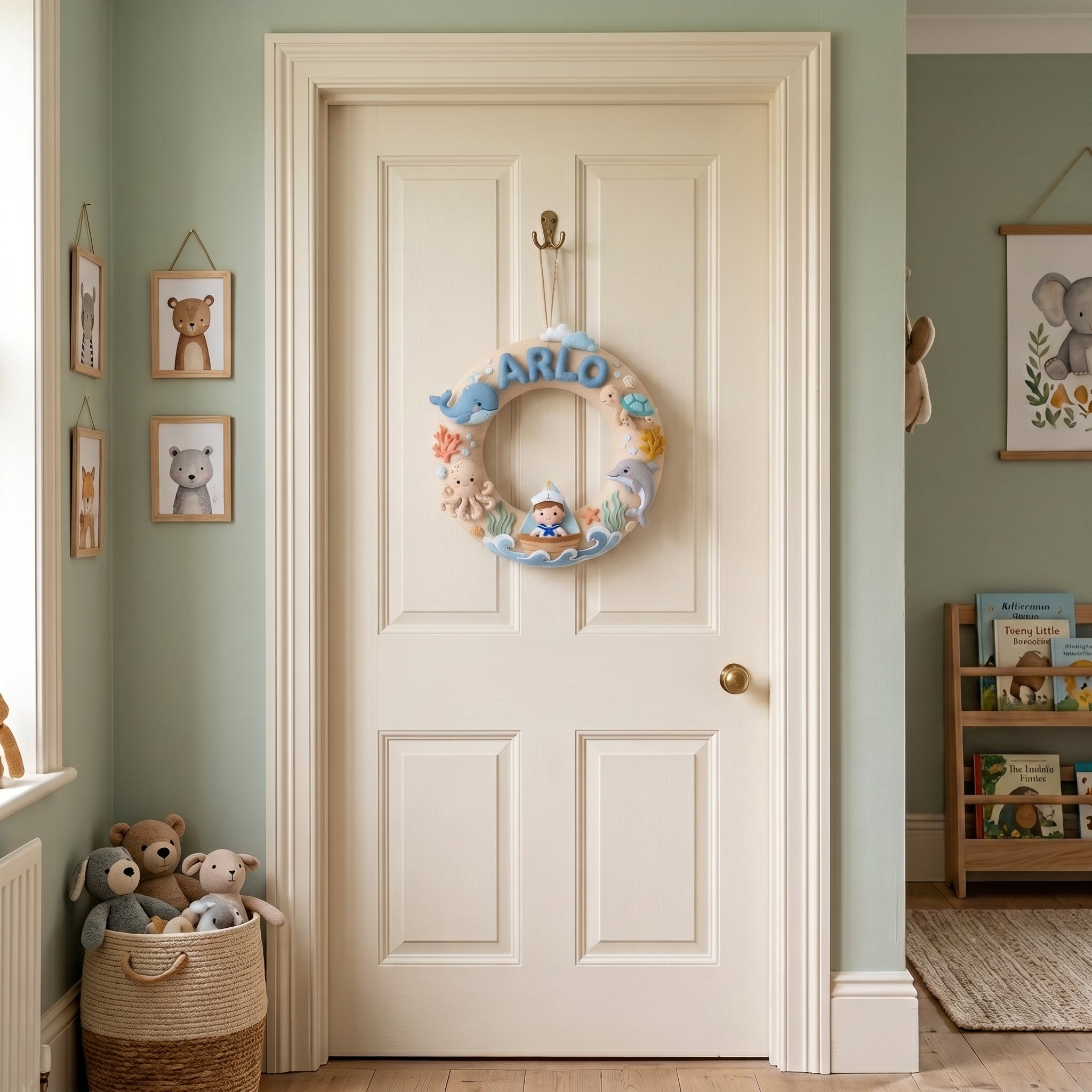 Felt Wreath Name Sign, Nautical Room Decor, Personalized Baby Boy Gift, Underwater Nursery Theme