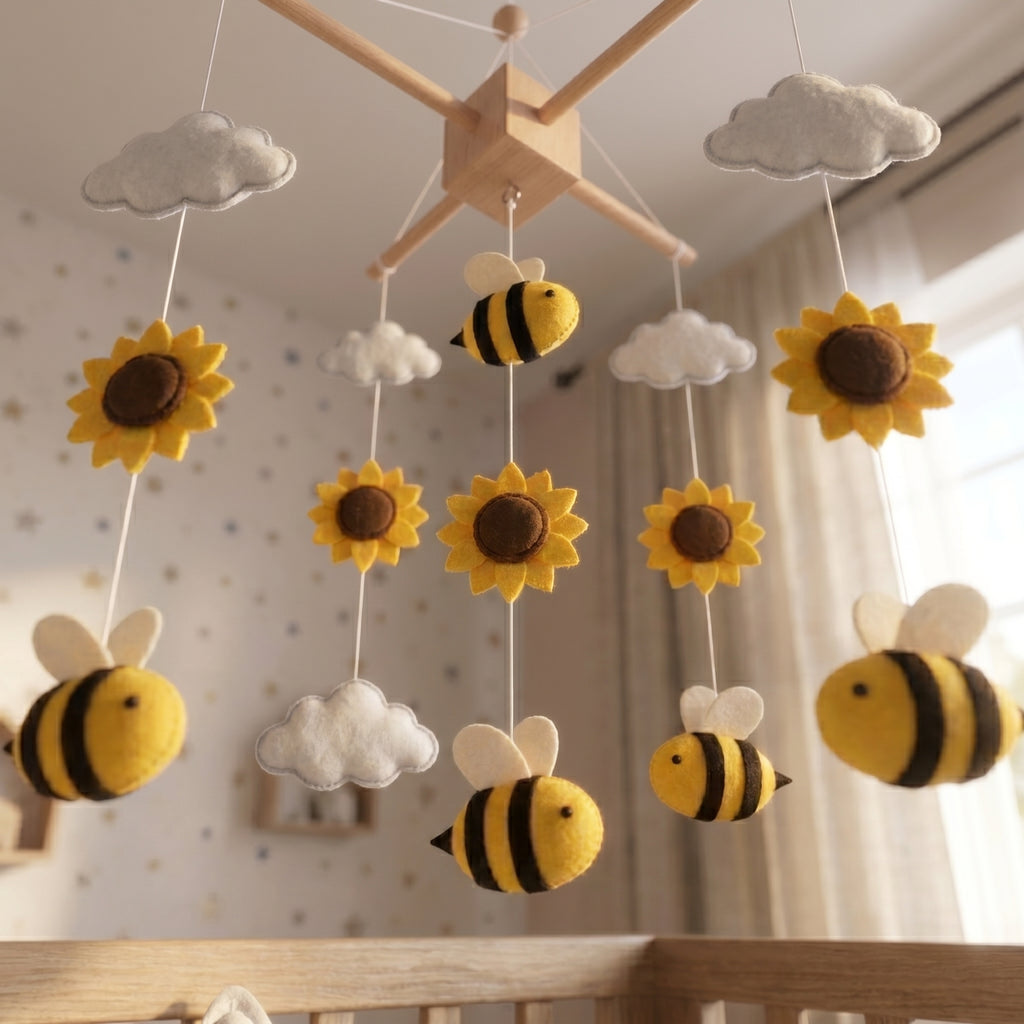 Felt Baby Mobile, Bee and Sunflower Nursery Decor, Personalized Crib Mobile, Gender Neutral Baby Gift