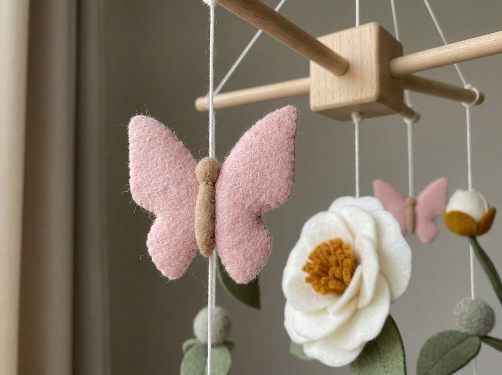 Felt Baby Mobile, Floral Crib Decor, Personalized Nursery Hanging, Butterfly Baby Shower Gift