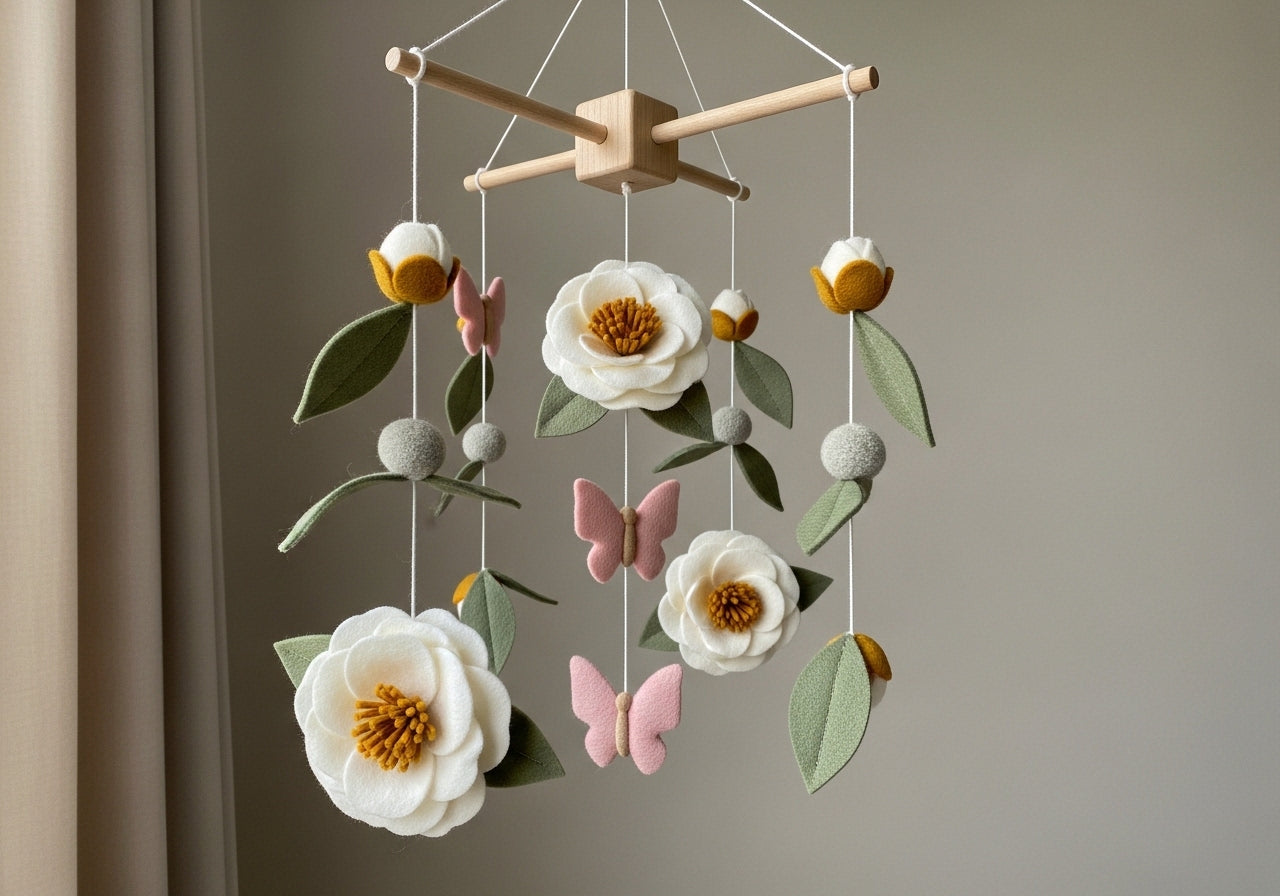 Felt Baby Mobile, Floral Crib Decor, Personalized Nursery Hanging, Butterfly Baby Shower Gift