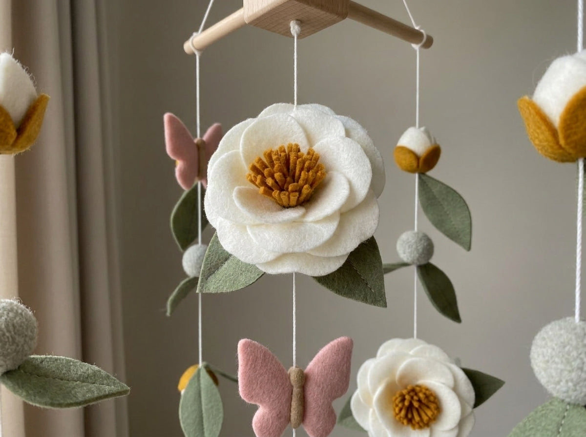 Felt Baby Mobile, Floral Crib Decor, Personalized Nursery Hanging, Butterfly Baby Shower Gift