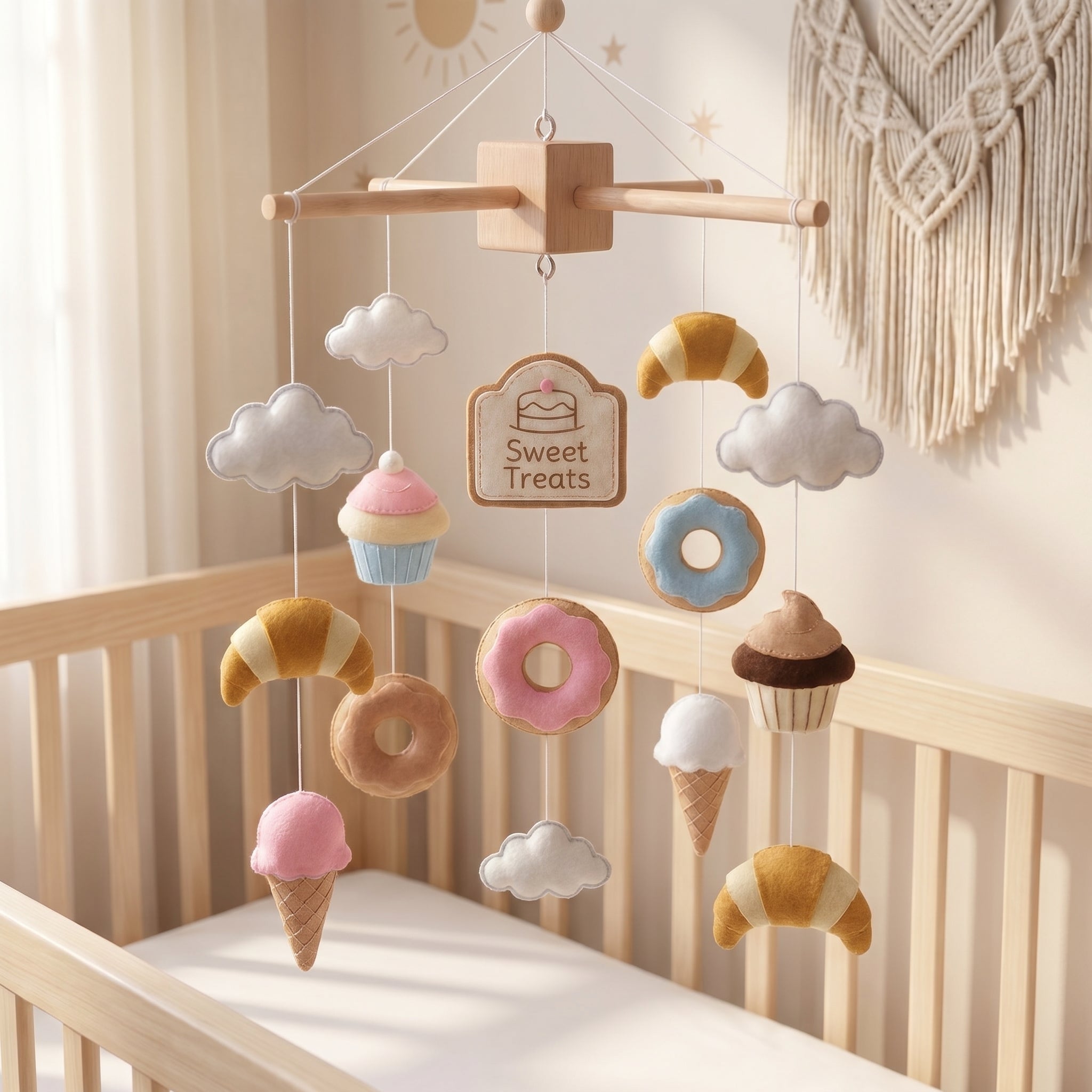 Food Nursery Mobile, Felt Crib Mobile, Donut and Cupcake Baby Decor, Personalized Dessert Theme Gift