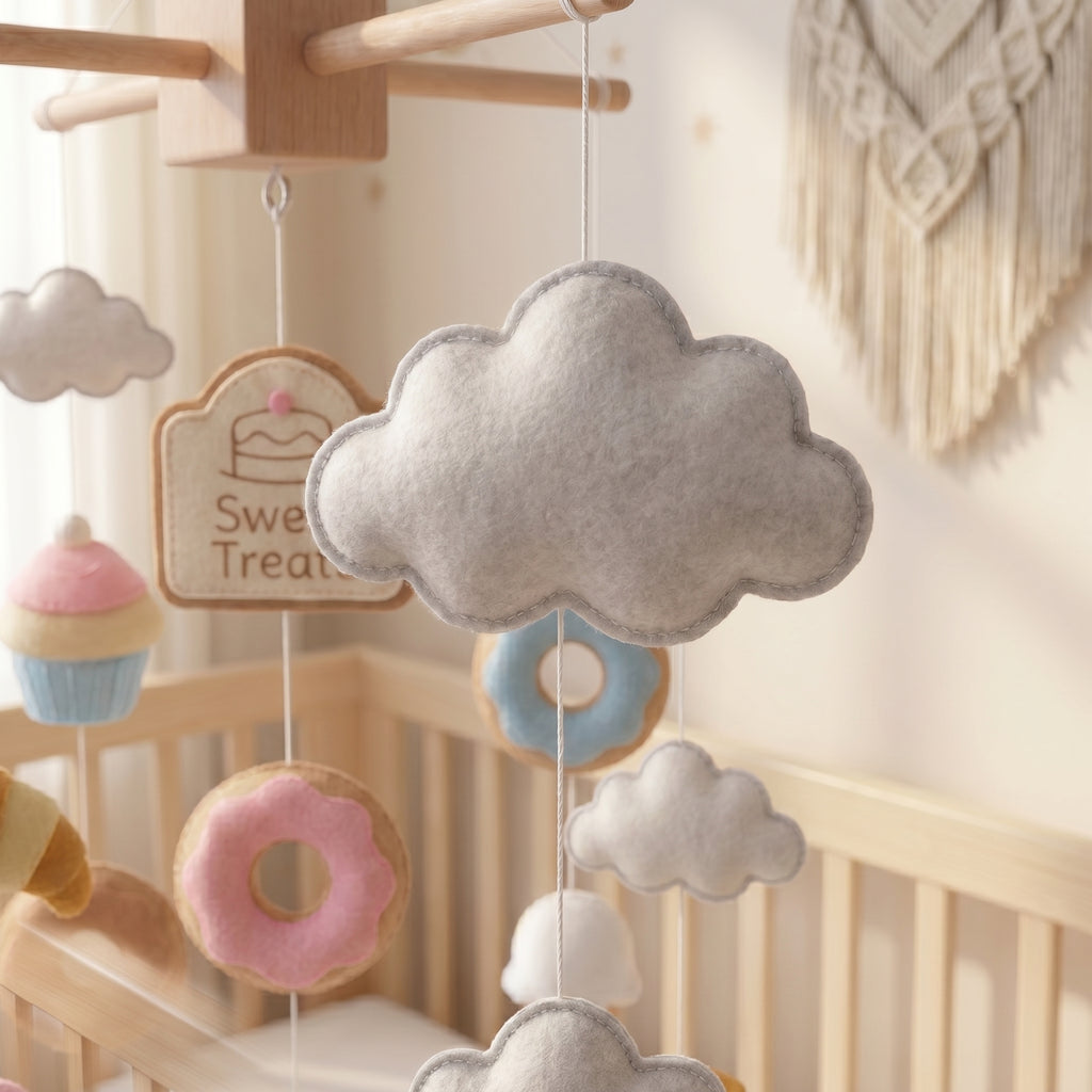 Food Nursery Mobile, Felt Crib Mobile, Donut and Cupcake Baby Decor, Personalized Dessert Theme Gift