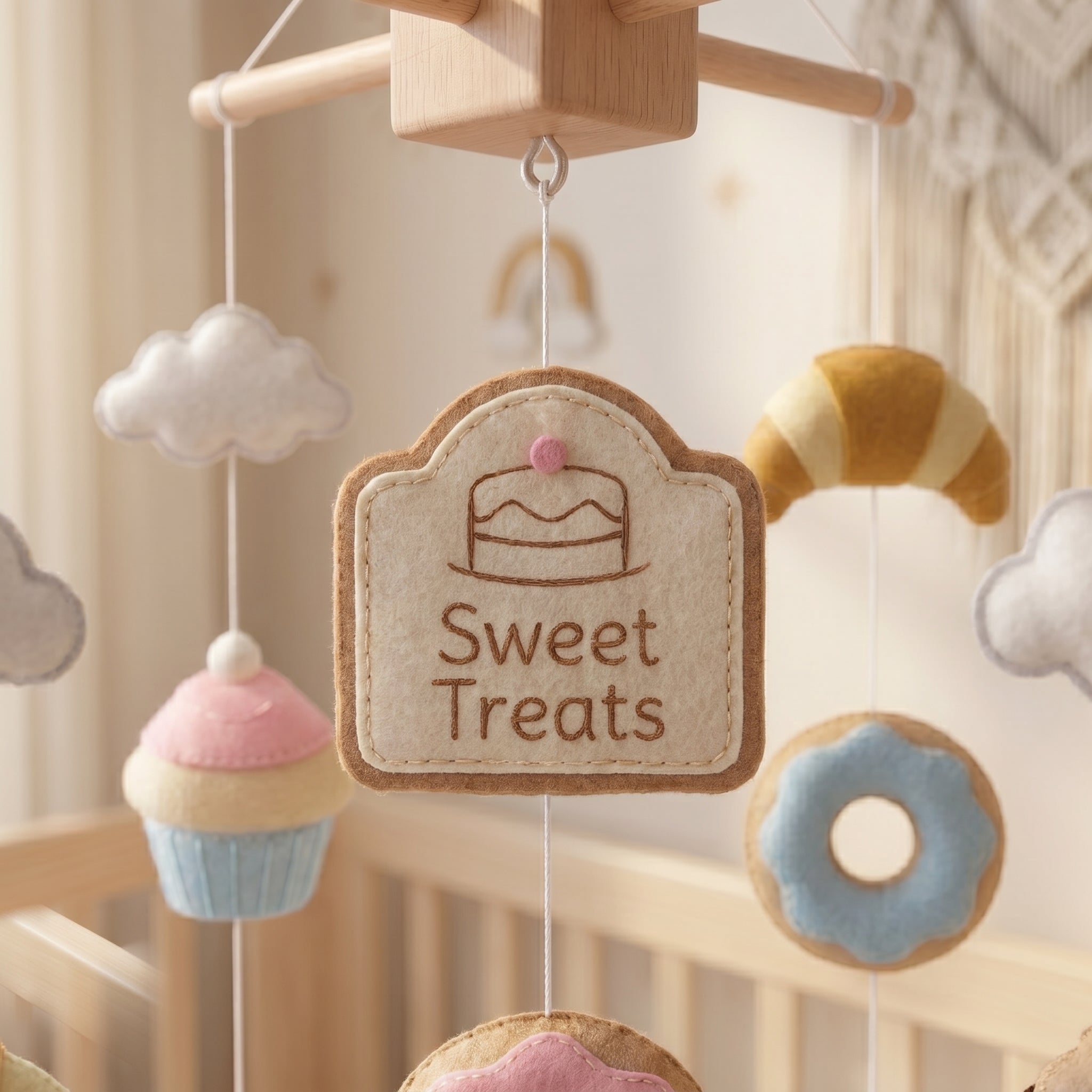 Food Nursery Mobile, Felt Crib Mobile, Donut and Cupcake Baby Decor, Personalized Dessert Theme Gift