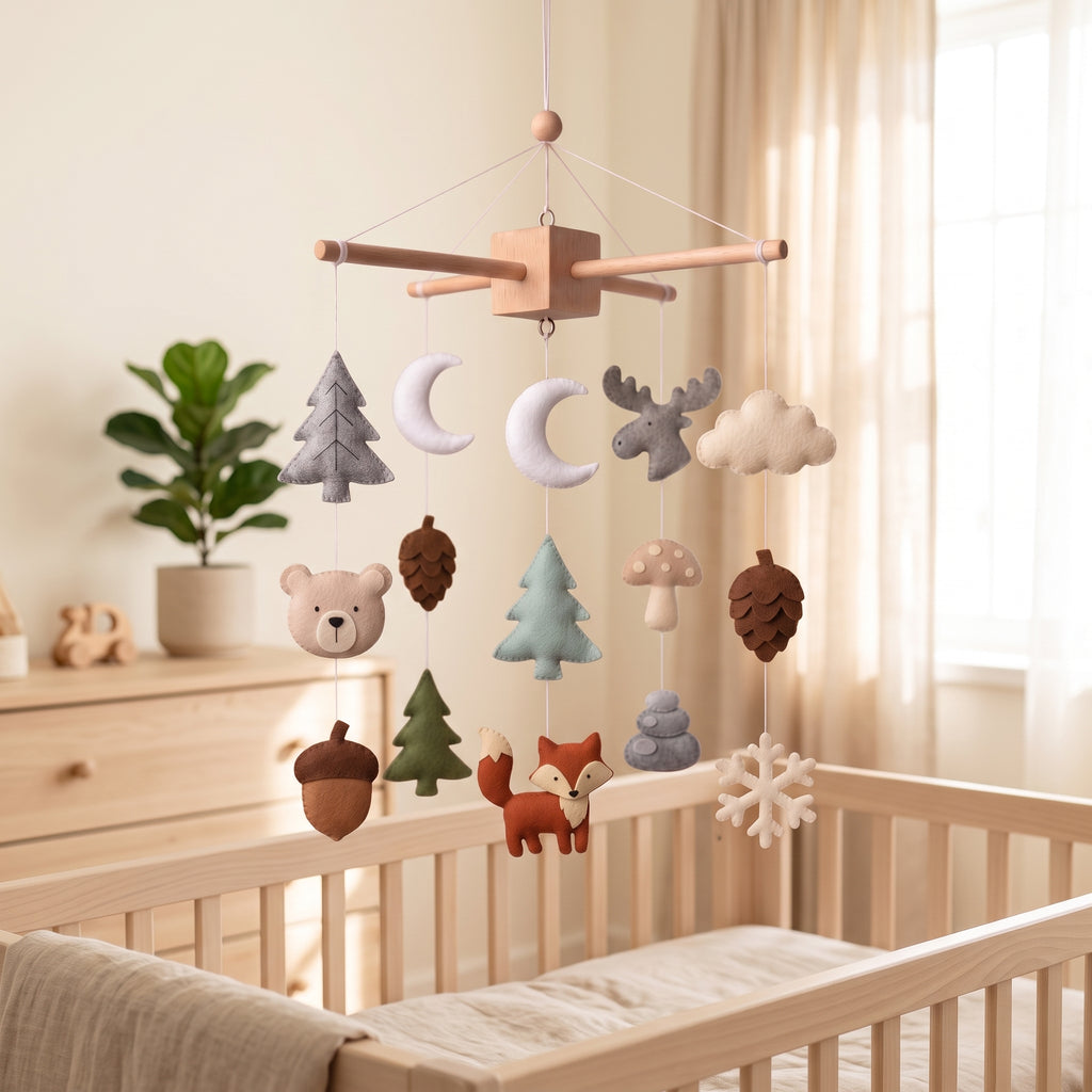 Handmade felt baby mobile featuring woodland animals like a fox and bear, along with trees, pinecones, and a snowflake, hanging over a wooden baby crib, forest-themed nursery decor