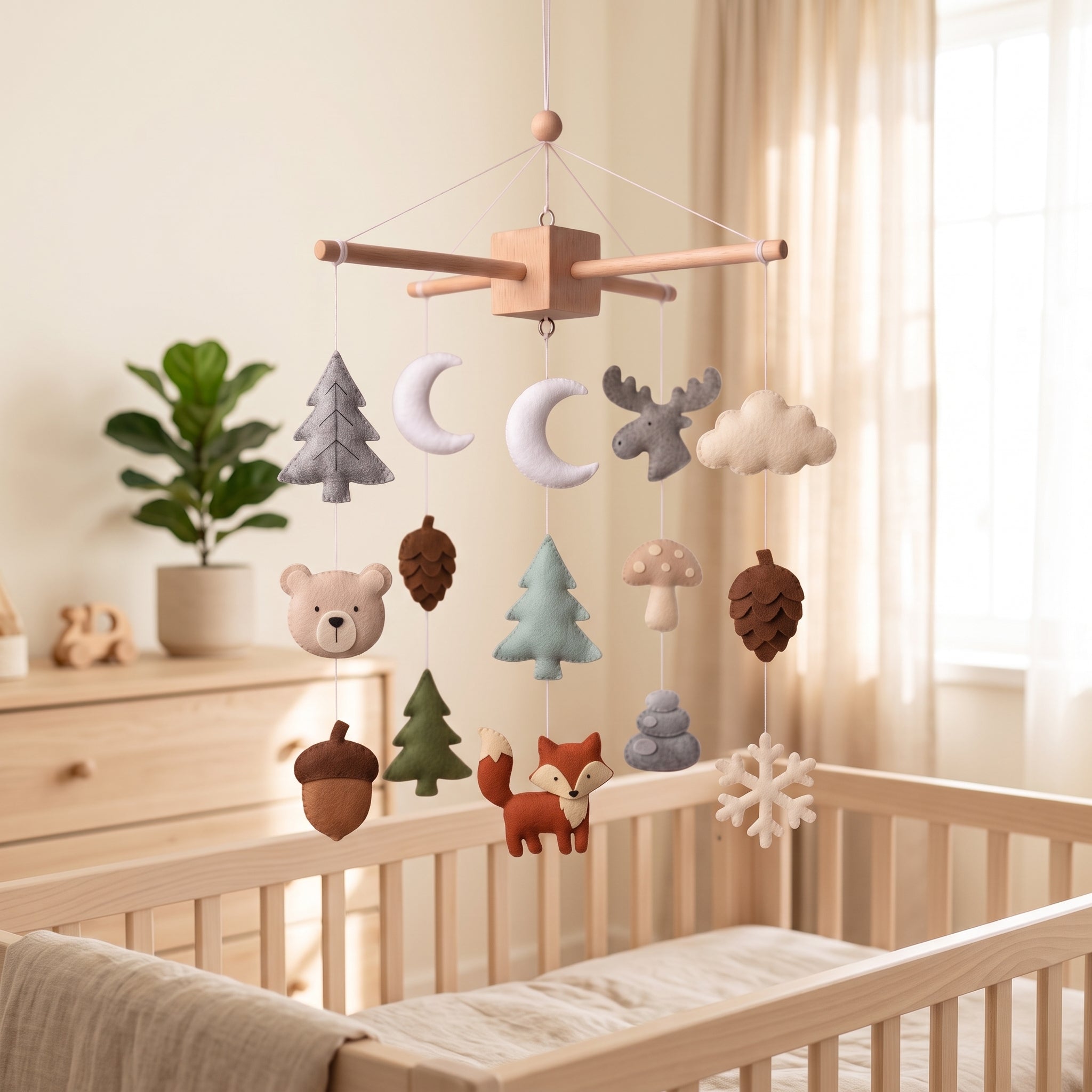 Handmade felt baby mobile featuring woodland animals like a fox and bear, along with trees, pinecones, and a snowflake, hanging over a wooden baby crib, forest-themed nursery decor