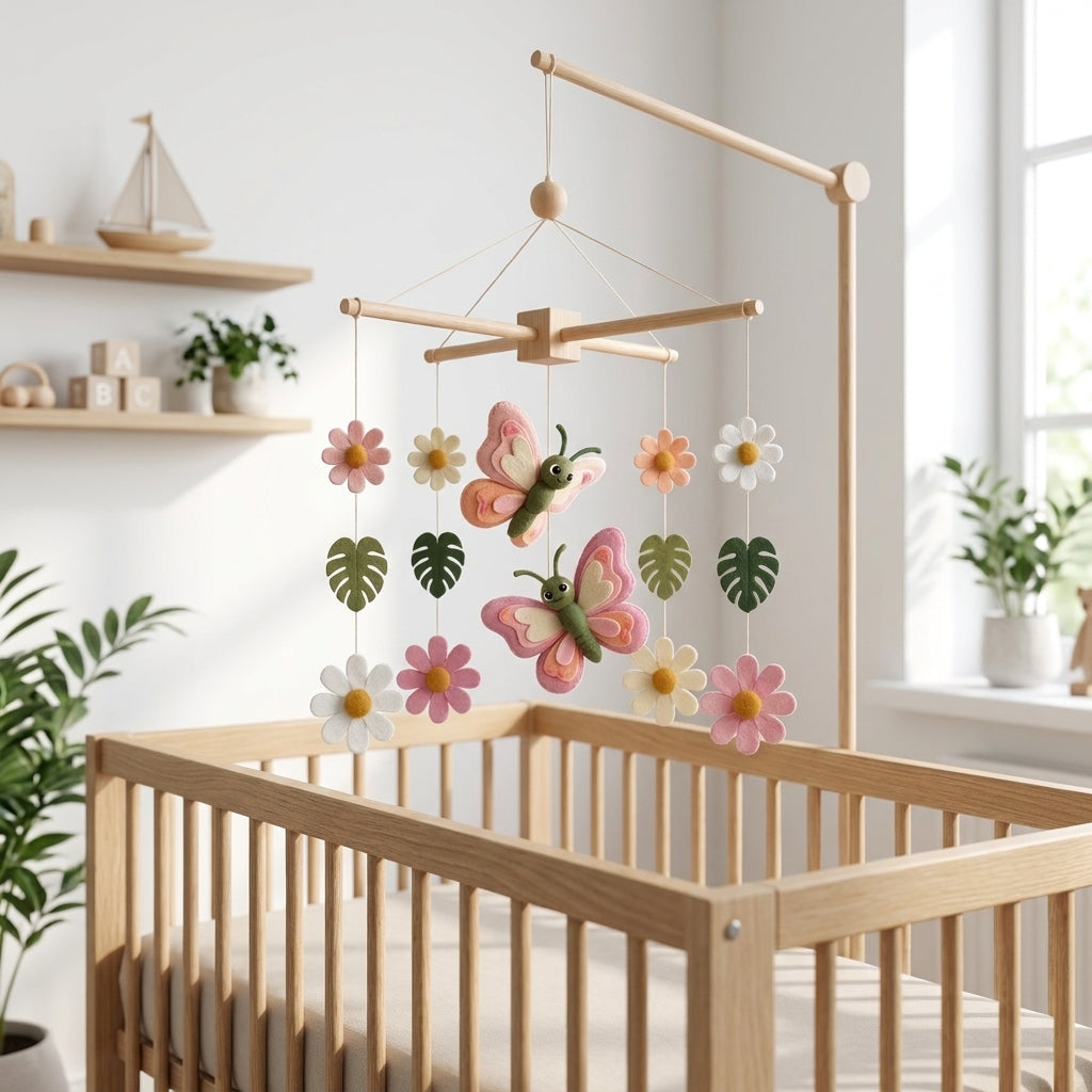 Handmade felt baby mobile featuring butterflies and colorful flowers with tropical leaves hanging from a wooden frame over a wooden baby crib, garden-themed nursery decor.
