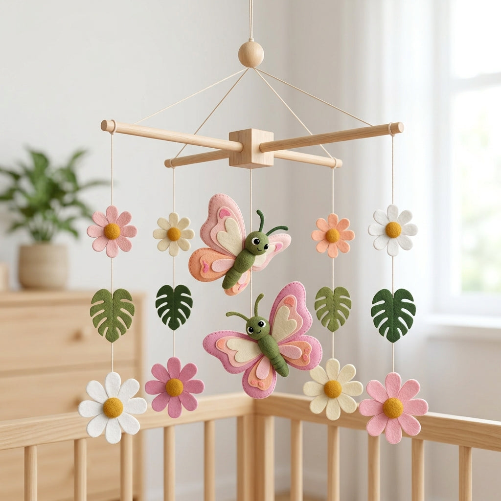 Garden Nursery Mobile, Felt Crib Mobile, Butterfly and Flower Baby Decor, Personalized Nature Theme Gift