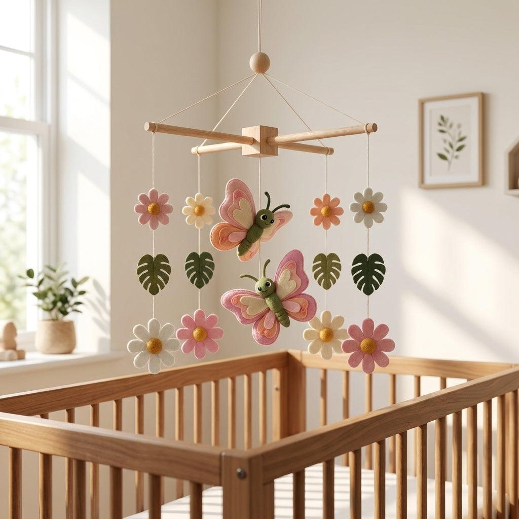 Garden Nursery Mobile, Felt Crib Mobile, Butterfly and Flower Baby Decor, Personalized Nature Theme Gift