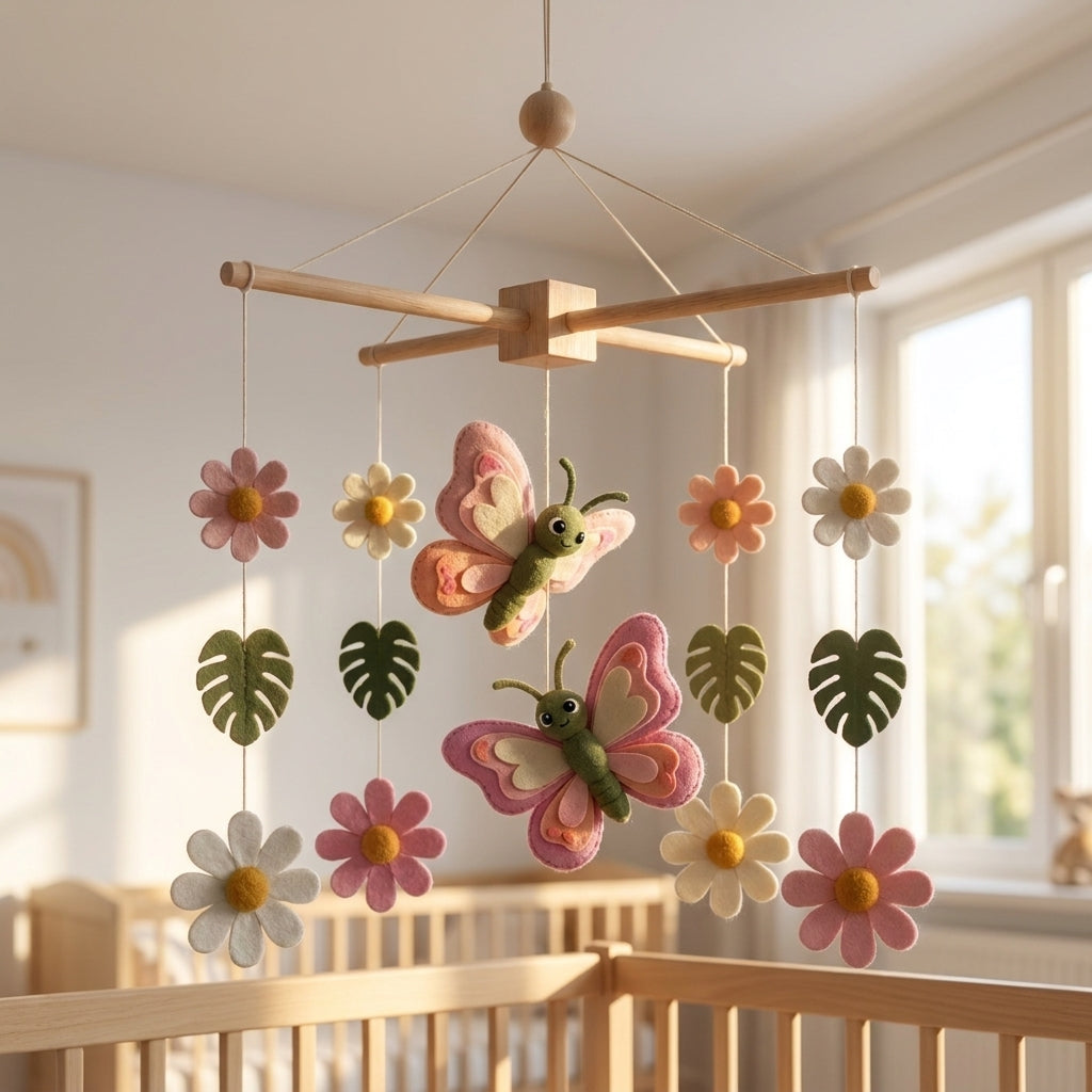 Garden Nursery Mobile, Felt Crib Mobile, Butterfly and Flower Baby Decor, Personalized Nature Theme Gift