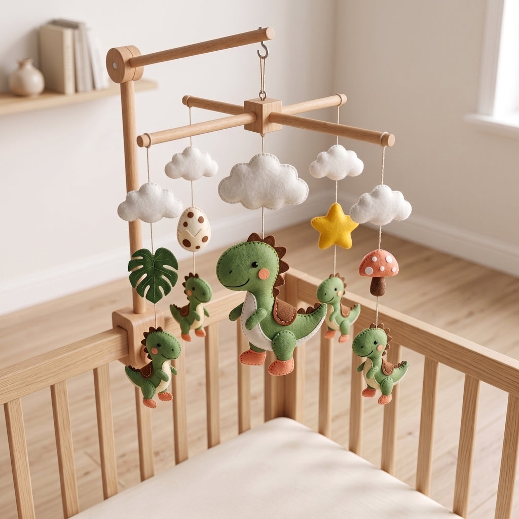 Personalized Dinosaur Felt Baby Mobile, Dino Nursery Mobile, Green Dinosaur Crib Mobile, Custom Baby Name Mobile, Handmade Baby Shower Gift