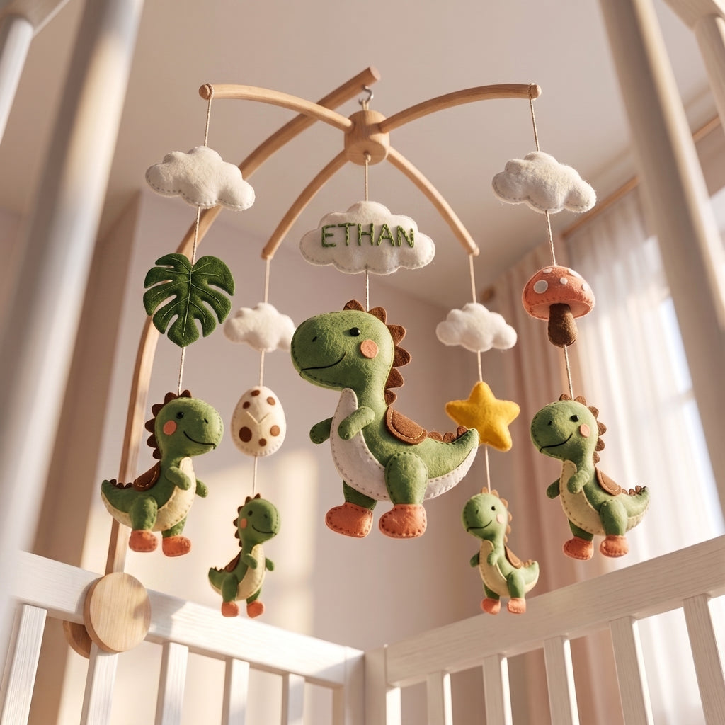 Personalized Dinosaur Felt Baby Mobile, Dino Nursery Mobile, Green Dinosaur Crib Mobile, Custom Baby Name Mobile, Handmade Baby Shower Gift