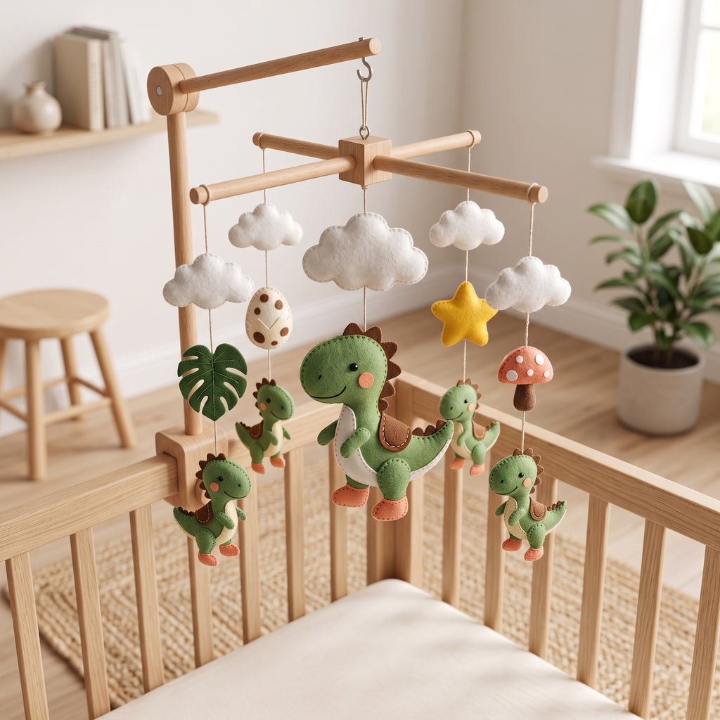 Personalized Dinosaur Felt Baby Mobile, Dino Nursery Mobile, Green Dinosaur Crib Mobile, Custom Baby Name Mobile, Handmade Baby Shower Gift