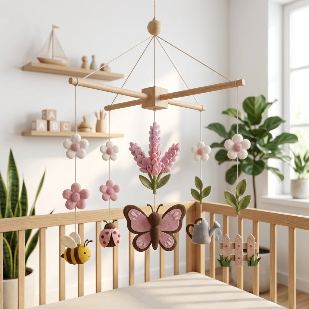 Handmade felt lavender butterfly baby mobile with bee, ladybug, flowers, watering can, and garden fence hanging above a wooden crib.