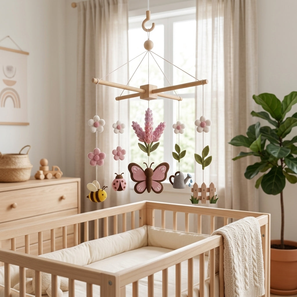 Lavender Butterfly Felt Baby Mobile, Floral Crib Mobile, Garden Nursery Decor, Baby Shower Gift for Newborn