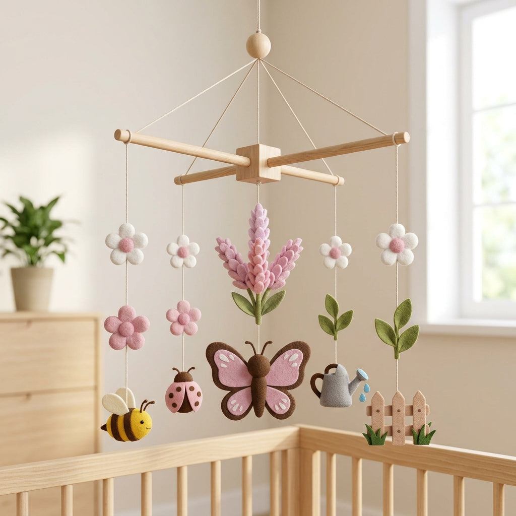 Lavender Butterfly Felt Baby Mobile, Floral Crib Mobile, Garden Nursery Decor, Baby Shower Gift for Newborn