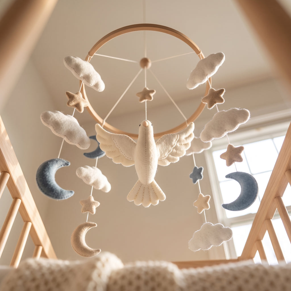 Minimalist Nursery Mobile, Felt Crib Mobile, Dove and Cloud Baby Decor, Elegant Gift for Newborn
