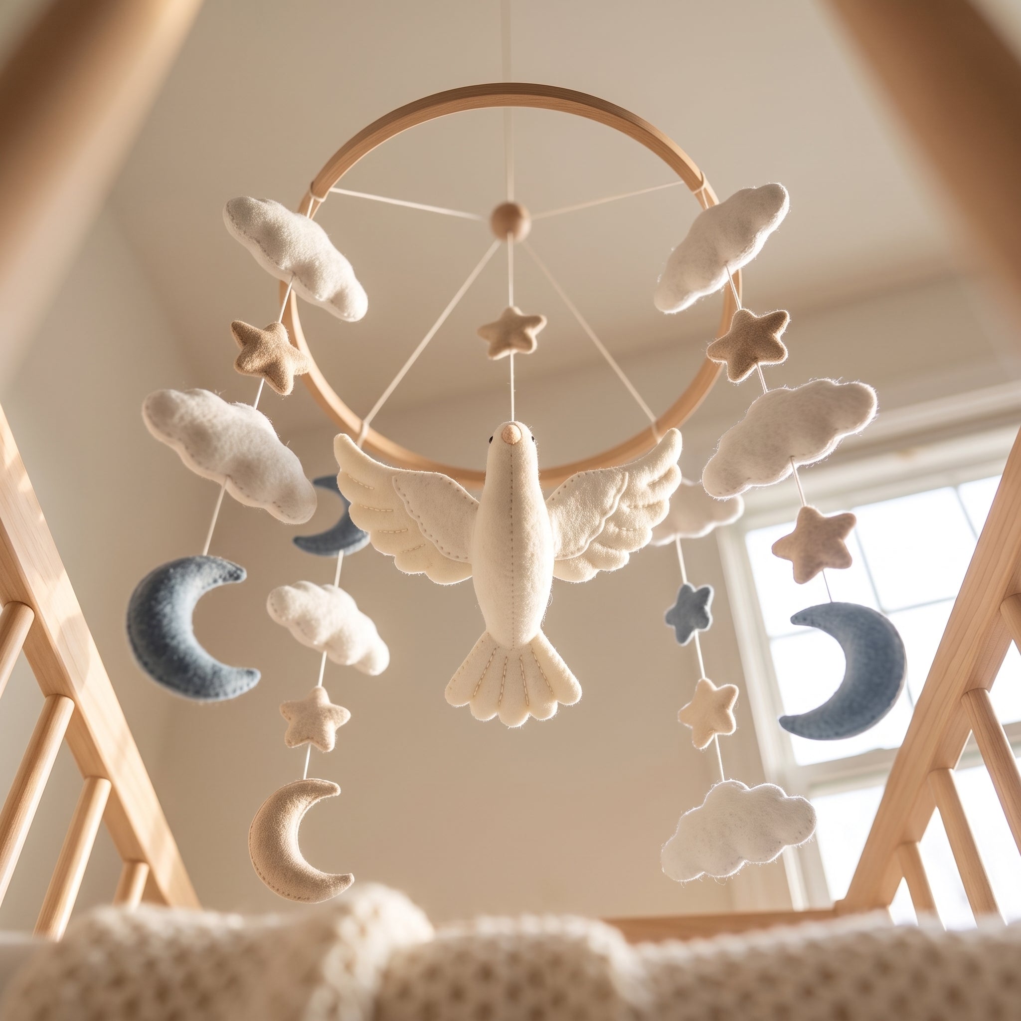 Minimalist Nursery Mobile, Felt Crib Mobile, Dove and Cloud Baby Decor, Elegant Gift for Newborn