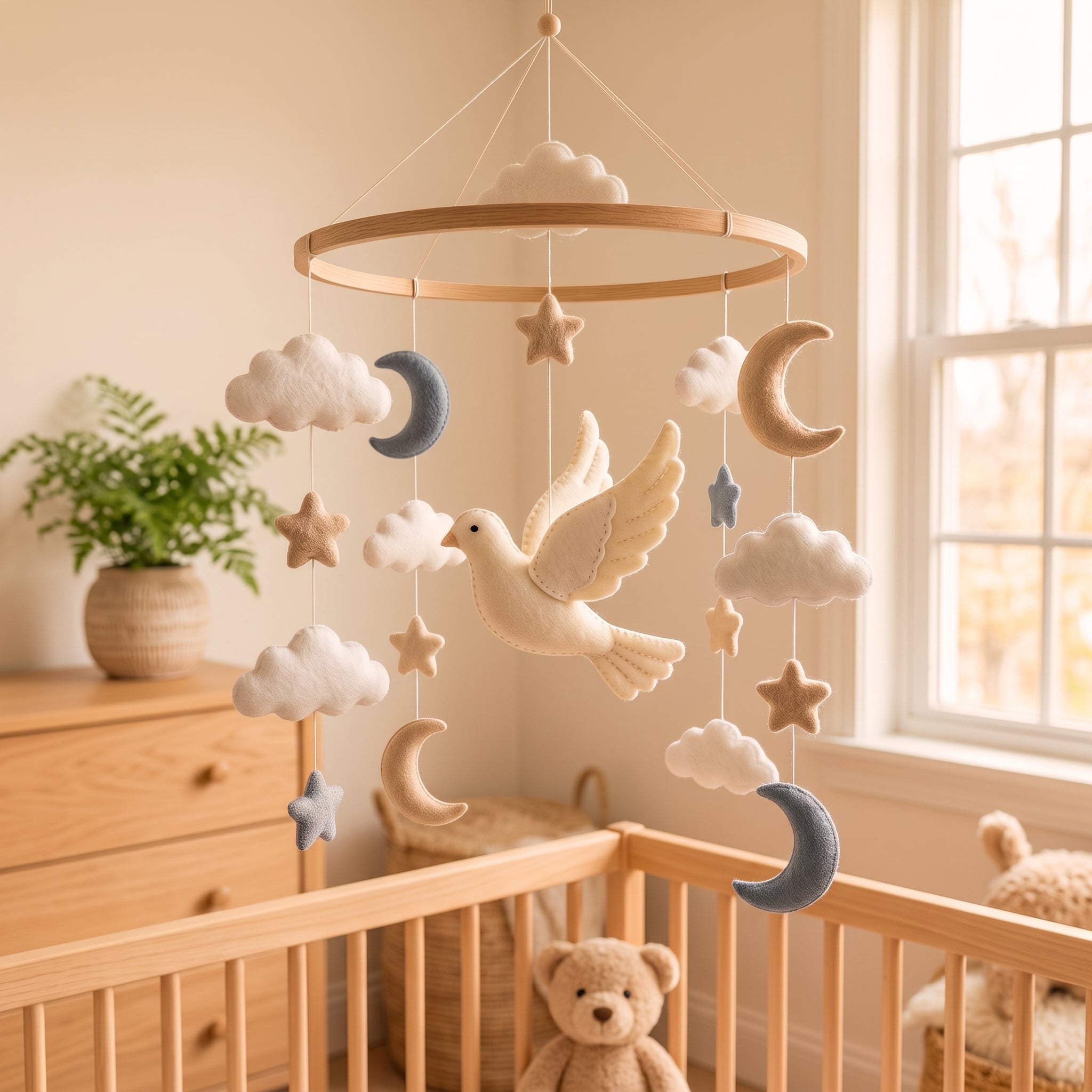 Minimalist Nursery Mobile, Felt Crib Mobile, Dove and Cloud Baby Decor, Elegant Gift for Newborn