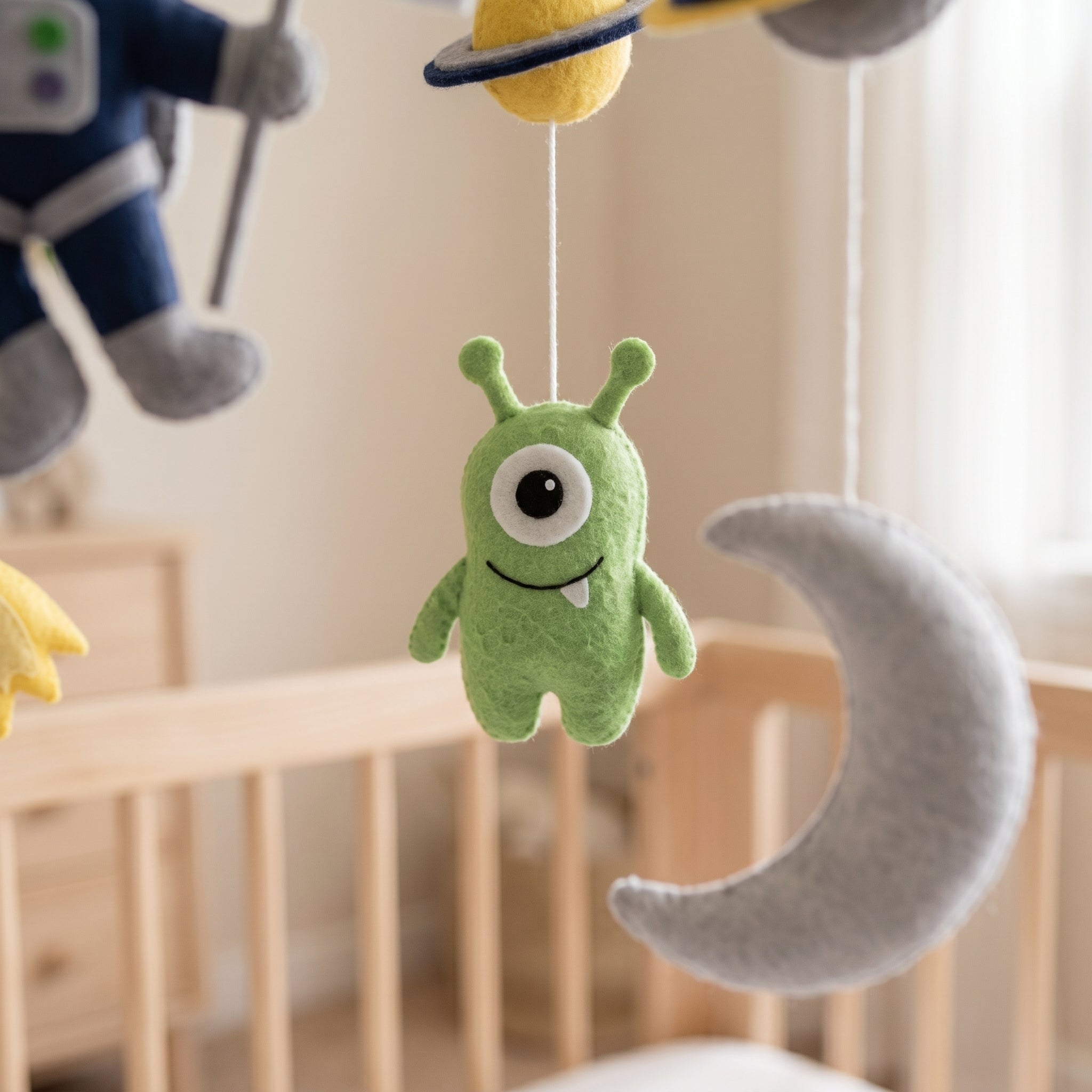 Outer Space Mobile, Felt Crib Mobile, Planet and Alien Baby Decor, Personalized Adventure Theme Gift