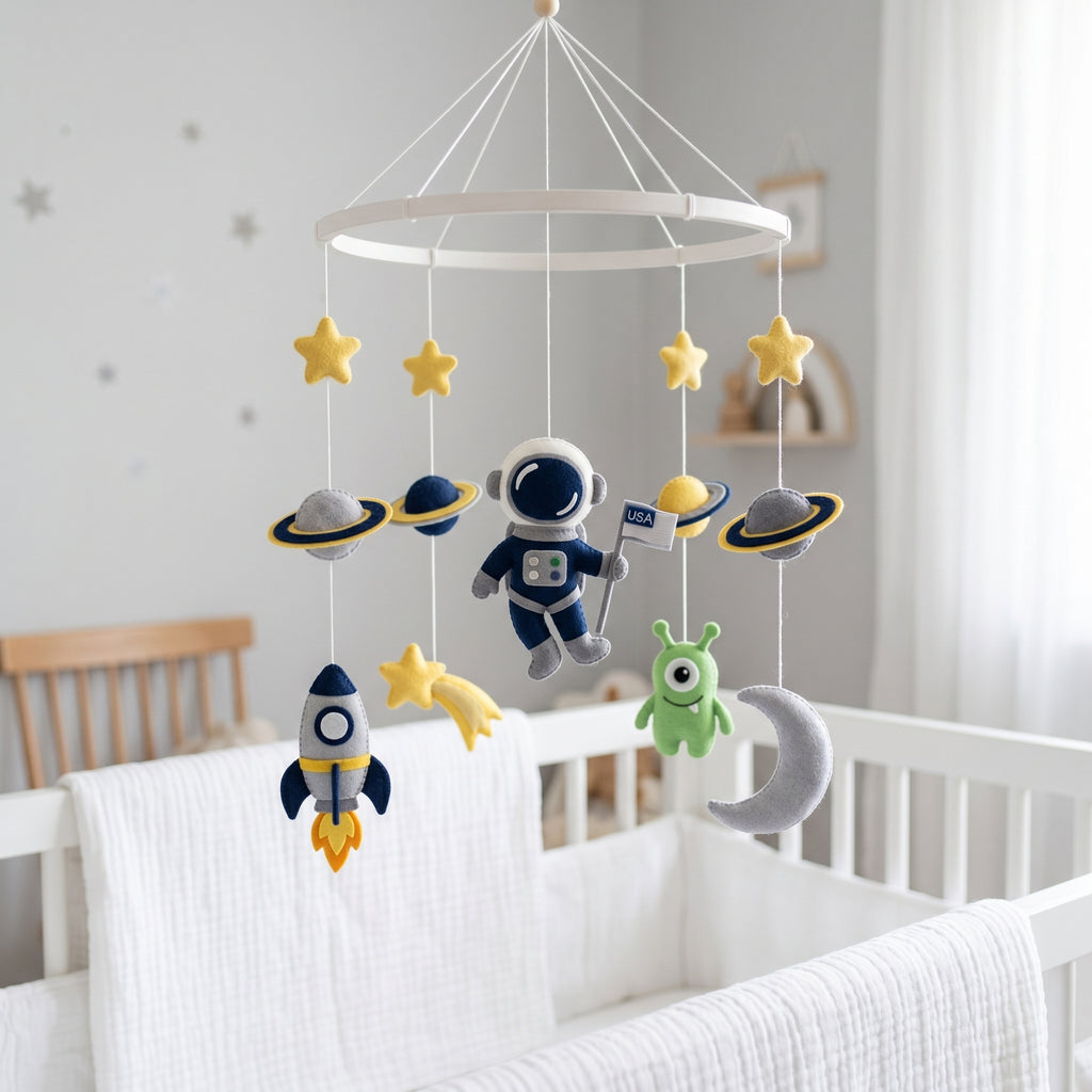 Outer Space Mobile, Felt Crib Mobile, Planet and Alien Baby Decor, Personalized Adventure Theme Gift