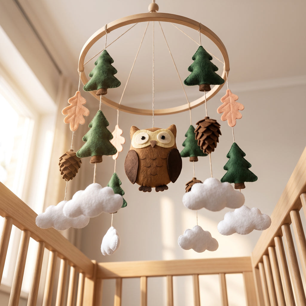 Owl Nursery Mobile, Felt Crib Mobile, Rustic Forest Baby Decor, Personalized Nature Theme Gift