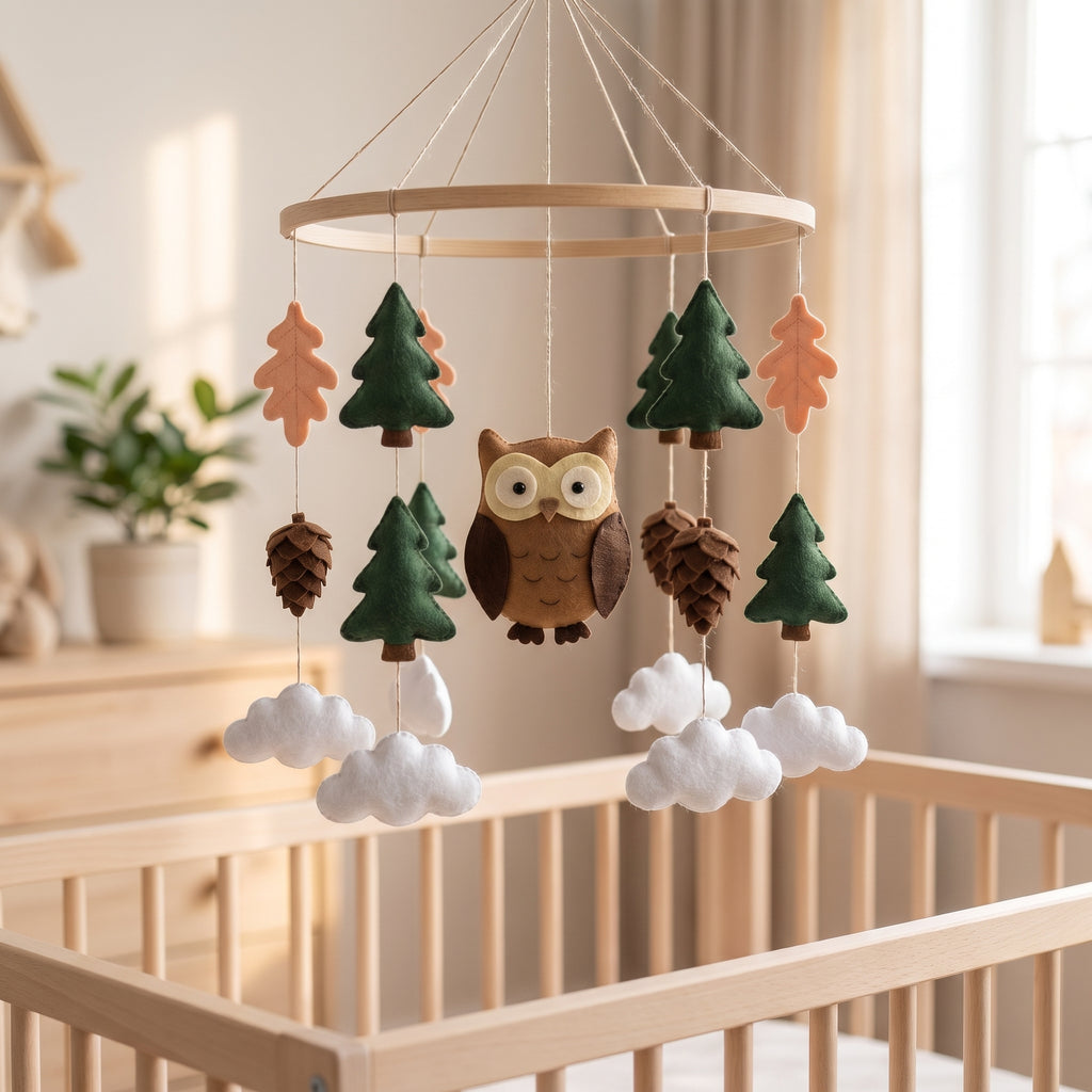 Handmade felt baby mobile featuring a central owl, surrounded by pine trees, oak leaves, and pinecones hanging from a circular wooden frame over a baby crib, rustic forest nursery decor