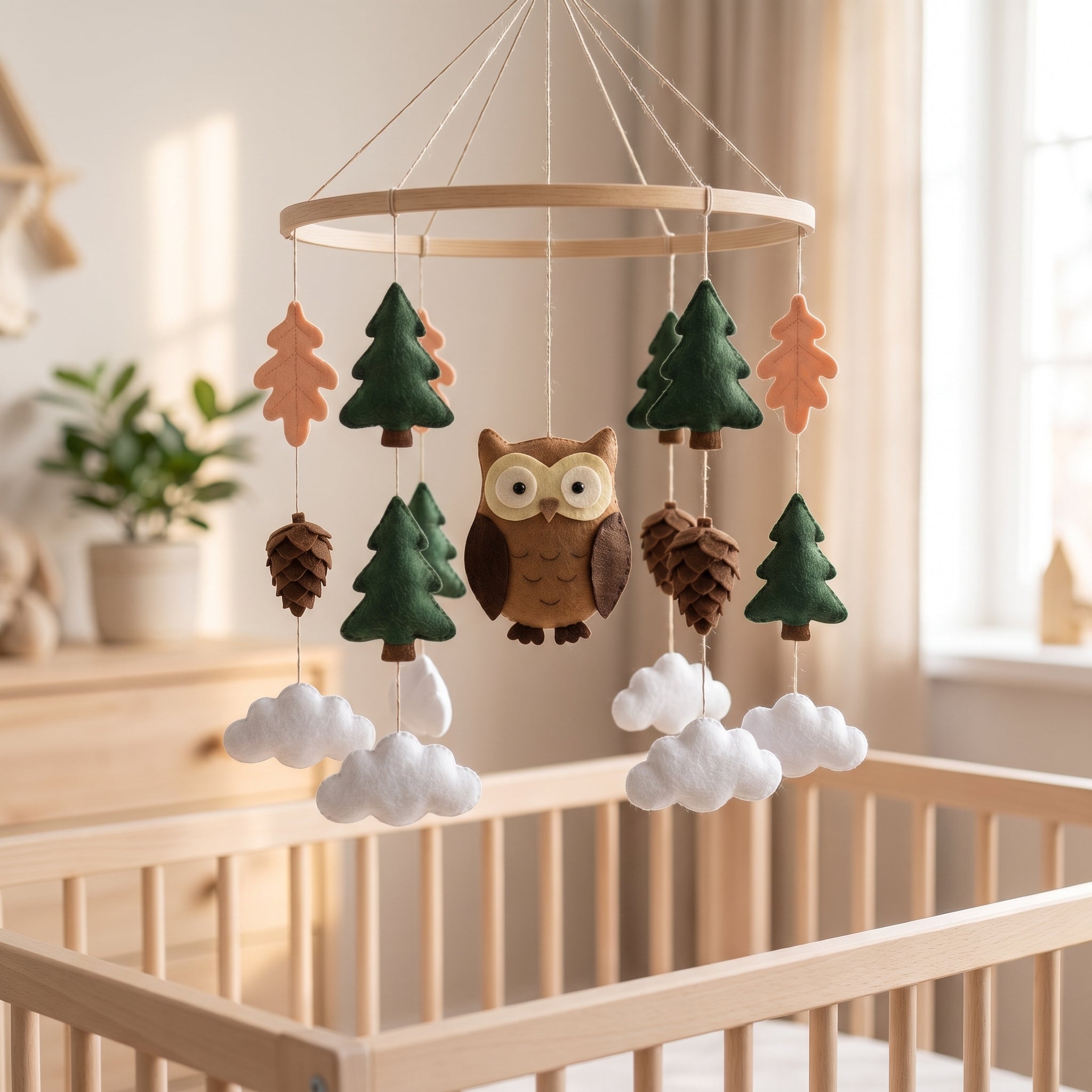 Handmade felt baby mobile featuring a central owl, surrounded by pine trees, oak leaves, and pinecones hanging from a circular wooden frame over a baby crib, rustic forest nursery decor