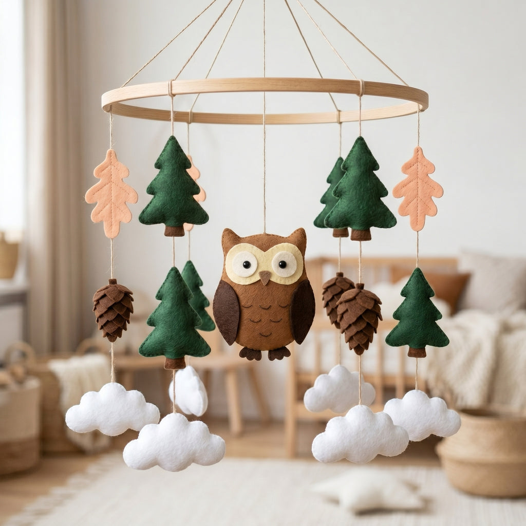 Owl Nursery Mobile, Felt Crib Mobile, Rustic Forest Baby Decor, Personalized Nature Theme Gift