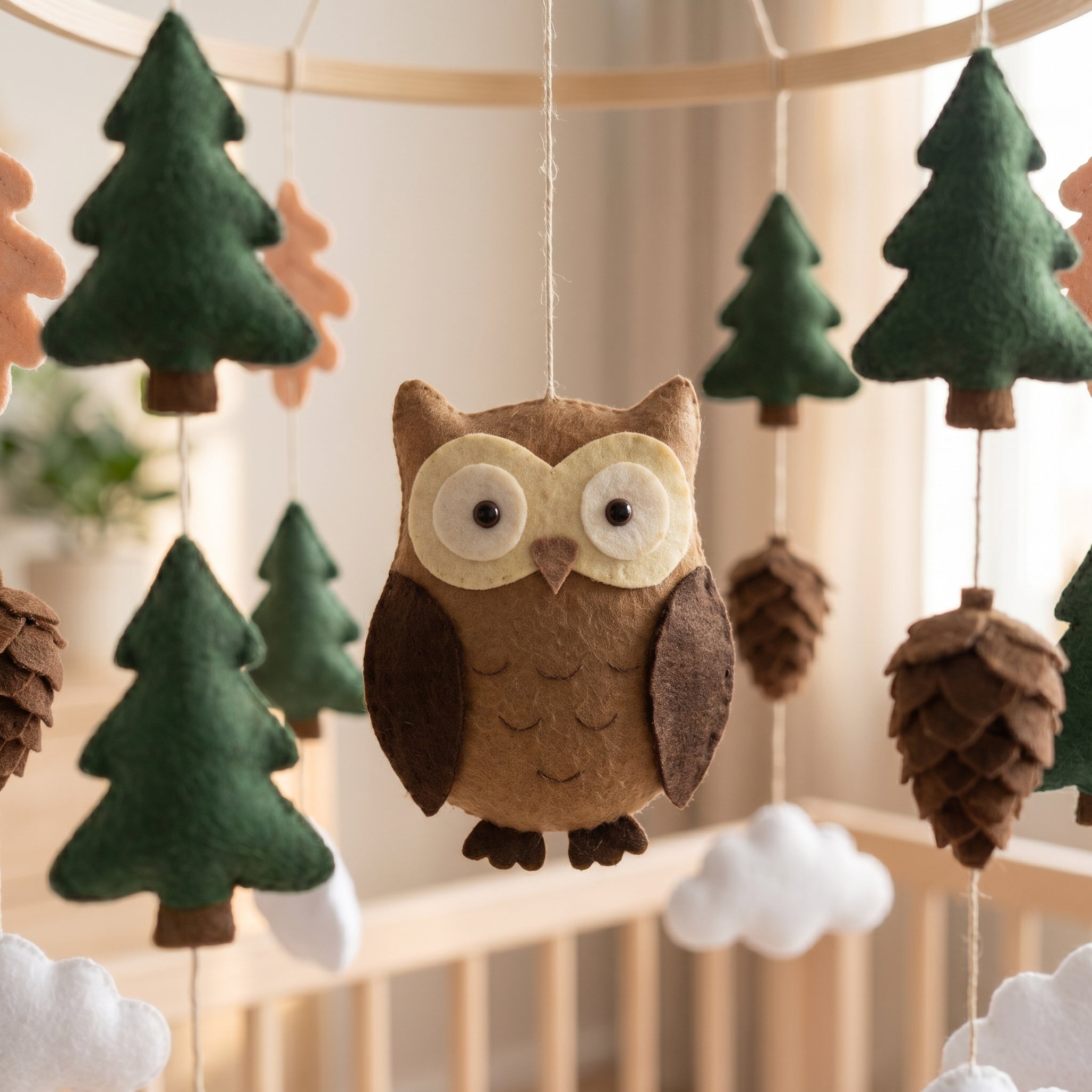 Owl Nursery Mobile, Felt Crib Mobile, Rustic Forest Baby Decor, Personalized Nature Theme Gift
