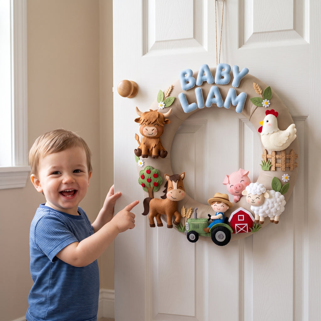 Personalized Farm Animal Felt Wreath, Nursery Name Sign, Baby Boy Room Decor, Baby Shower Gift Idea