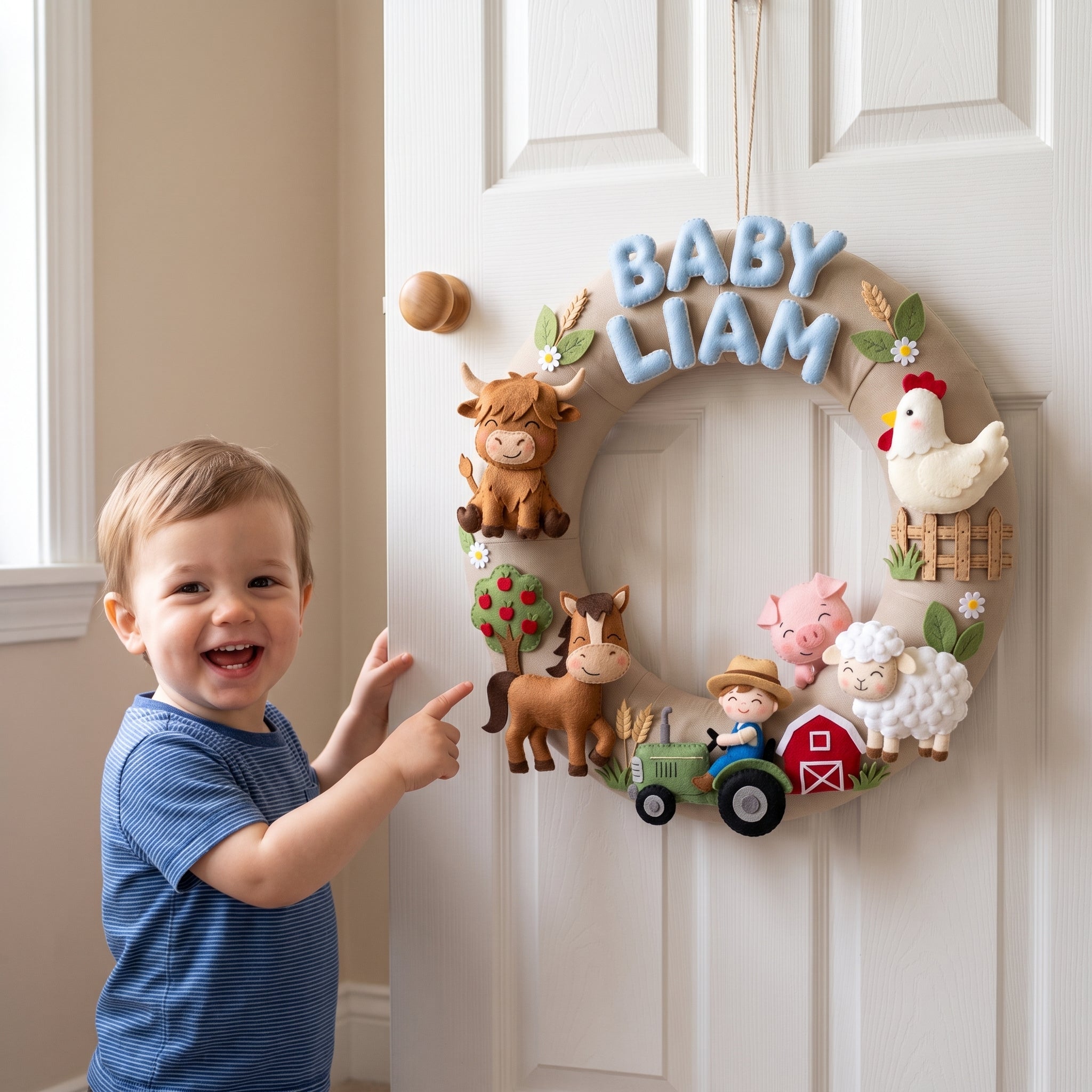 Personalized Farm Animal Felt Wreath, Nursery Name Sign, Baby Boy Room Decor, Baby Shower Gift Idea