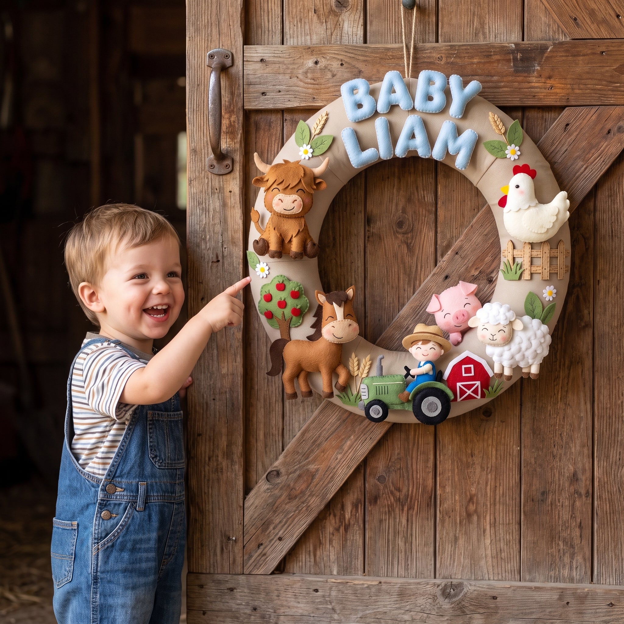 Personalized Farm Animal Felt Wreath, Nursery Name Sign, Baby Boy Room Decor, Baby Shower Gift Idea