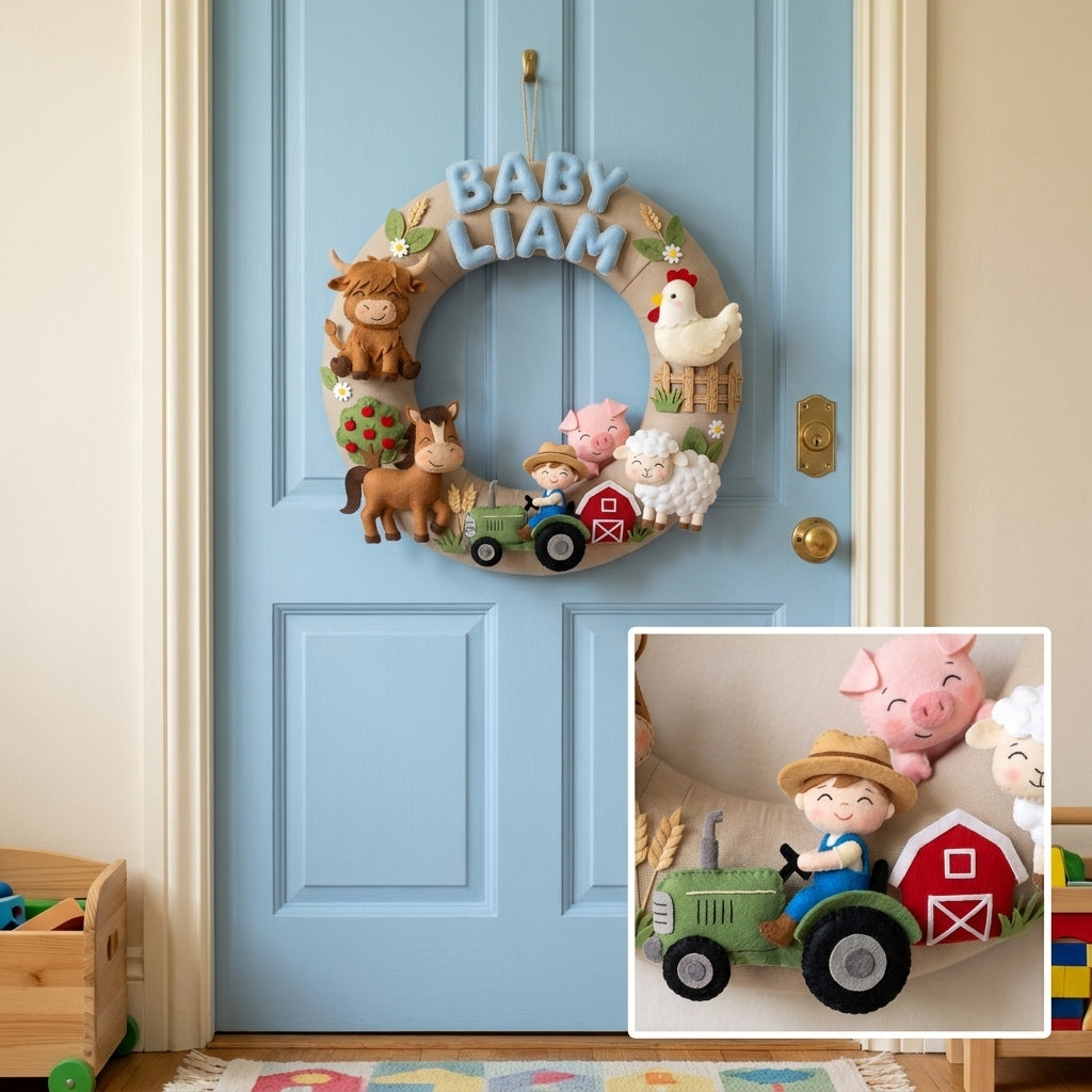 Personalized Farm Animal Felt Wreath, Nursery Name Sign, Baby Boy Room Decor, Baby Shower Gift Idea