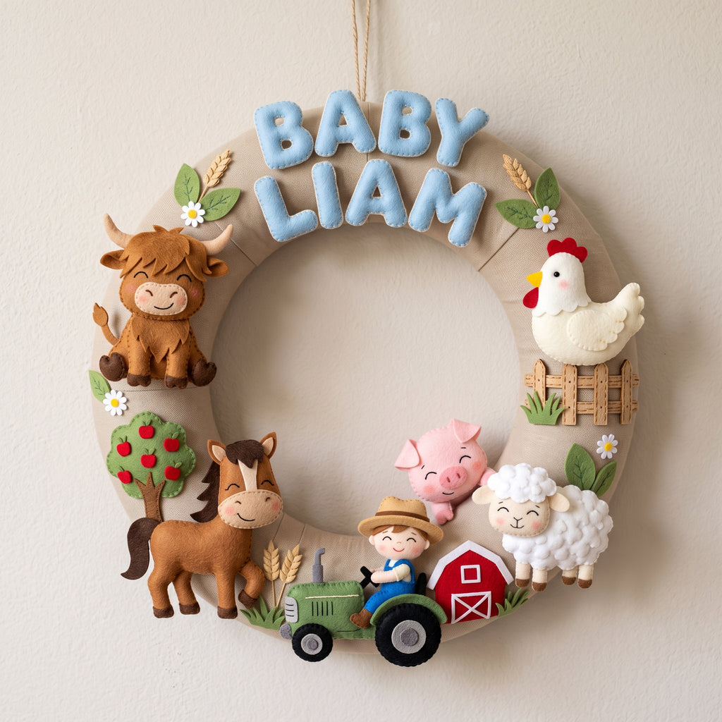 Personalized Farm Animal Felt Wreath, Nursery Name Sign, Baby Boy Room Decor, Baby Shower Gift Idea
