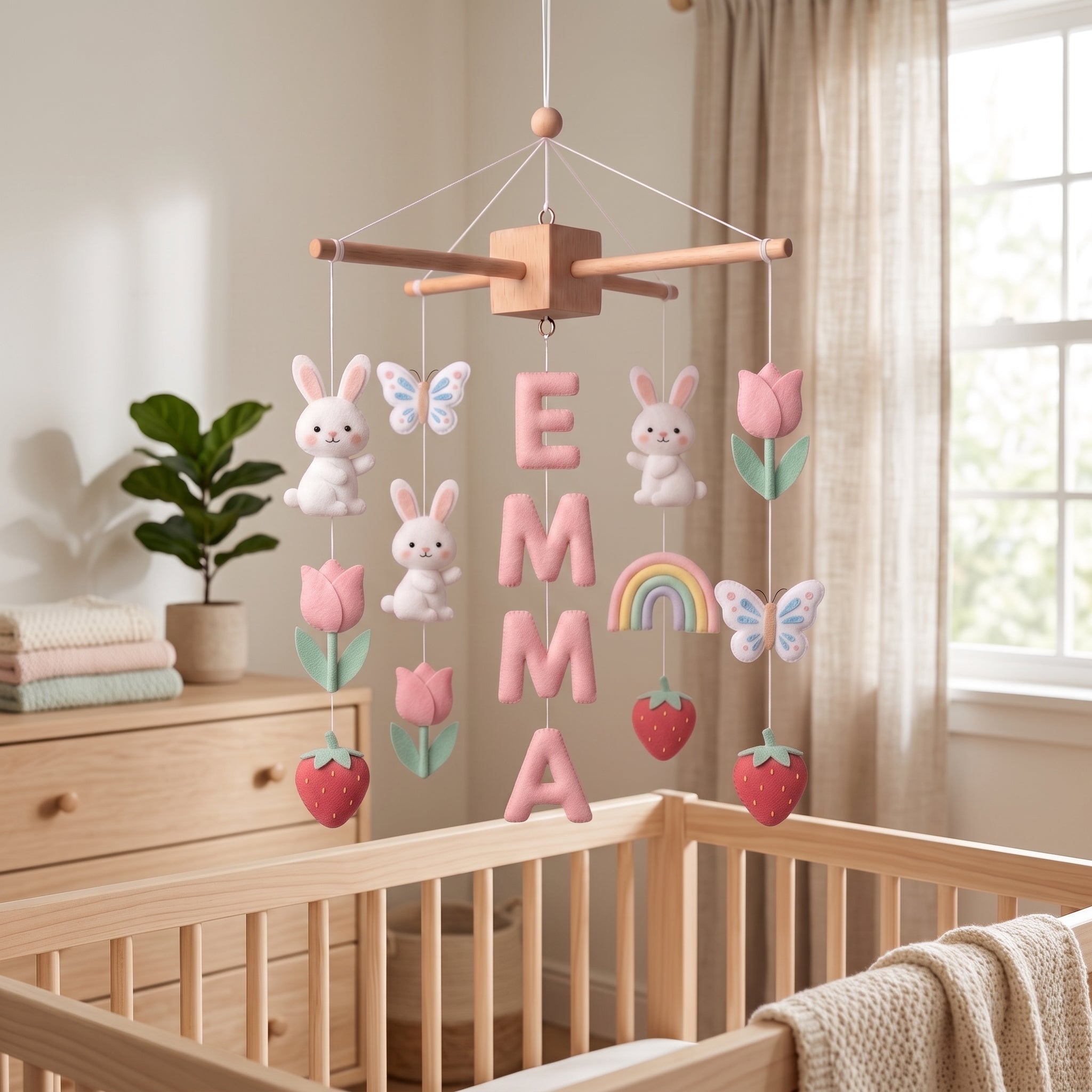 Handmade personalized felt baby mobile featuring white bunnies, pink tulips, butterflies, strawberries, and a rainbow, with the name 'EMMA' hanging over a wooden baby crib, nursery decor