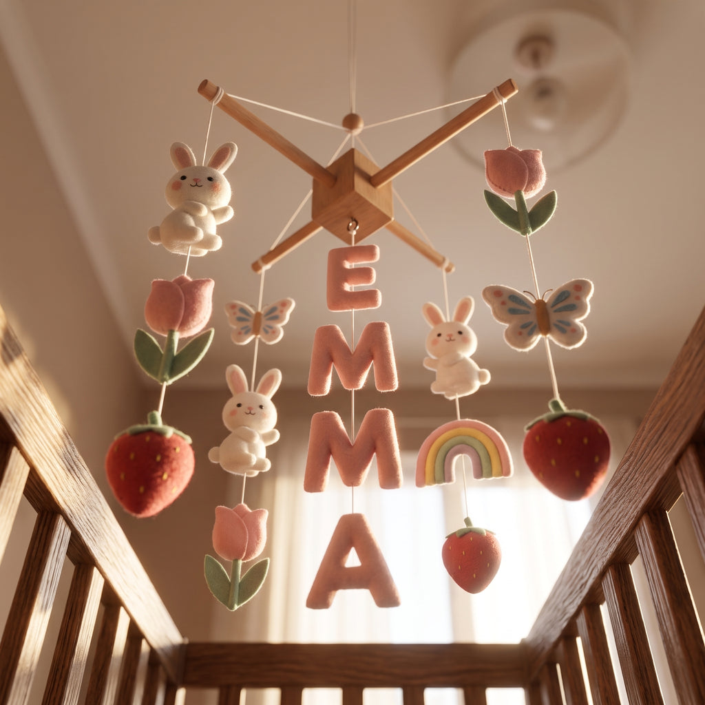 Personalized Felt Baby Mobile, Bunny Garden Nursery Decor, Rainbow and Strawberry Crib Mobile, Baby Shower Gift for Girl