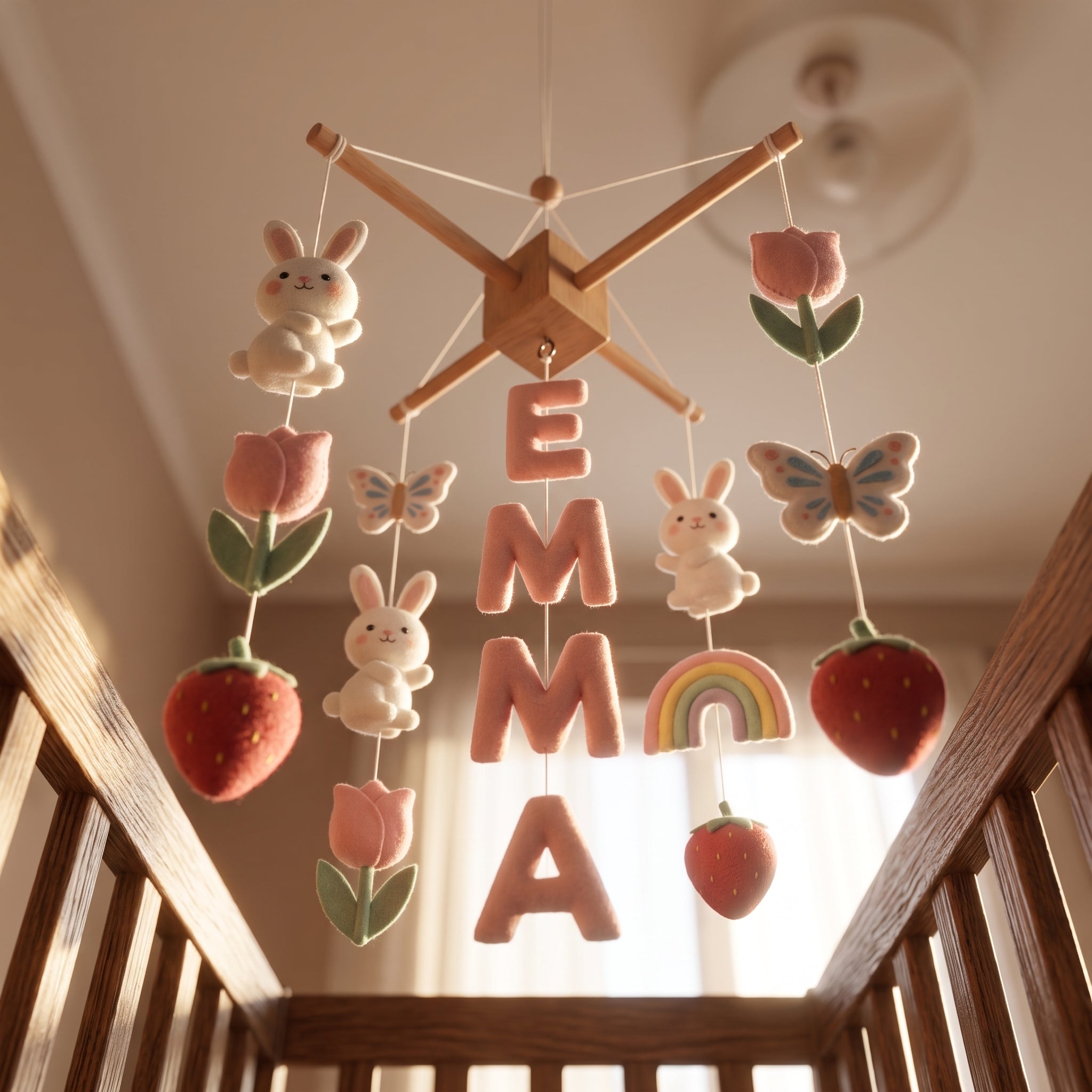 Personalized Felt Baby Mobile, Bunny Garden Nursery Decor, Rainbow and Strawberry Crib Mobile, Baby Shower Gift for Girl