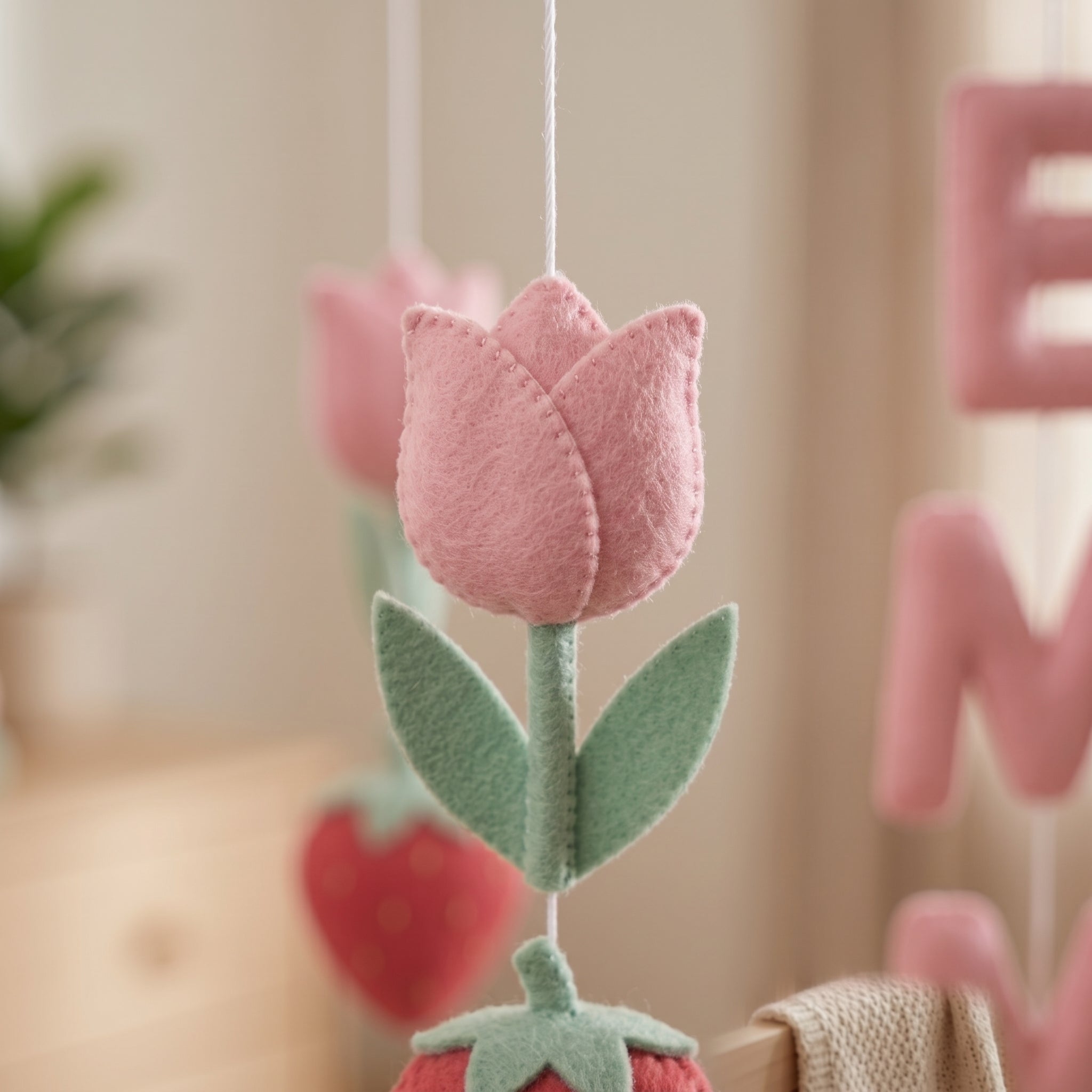 Personalized Felt Baby Mobile, Bunny Garden Nursery Decor, Rainbow and Strawberry Crib Mobile, Baby Shower Gift for Girl