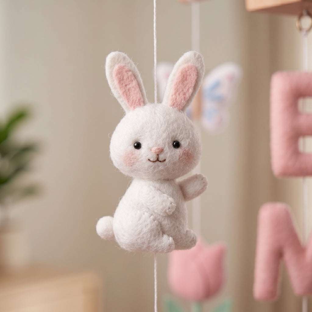 Personalized Felt Baby Mobile, Bunny Garden Nursery Decor, Rainbow and Strawberry Crib Mobile, Baby Shower Gift for Girl