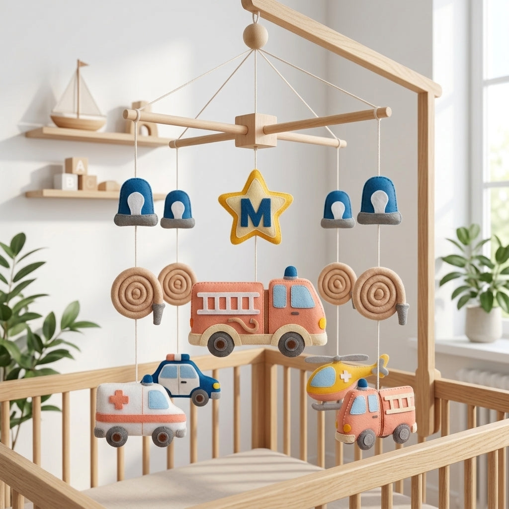 Personalized felt emergency vehicle baby mobile with a fire truck, ambulance, police car and rescue helicopter hanging above a wooden crib.