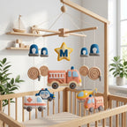 Personalized felt emergency vehicle baby mobile with a fire truck, ambulance, police car and rescue helicopter hanging above a wooden crib.