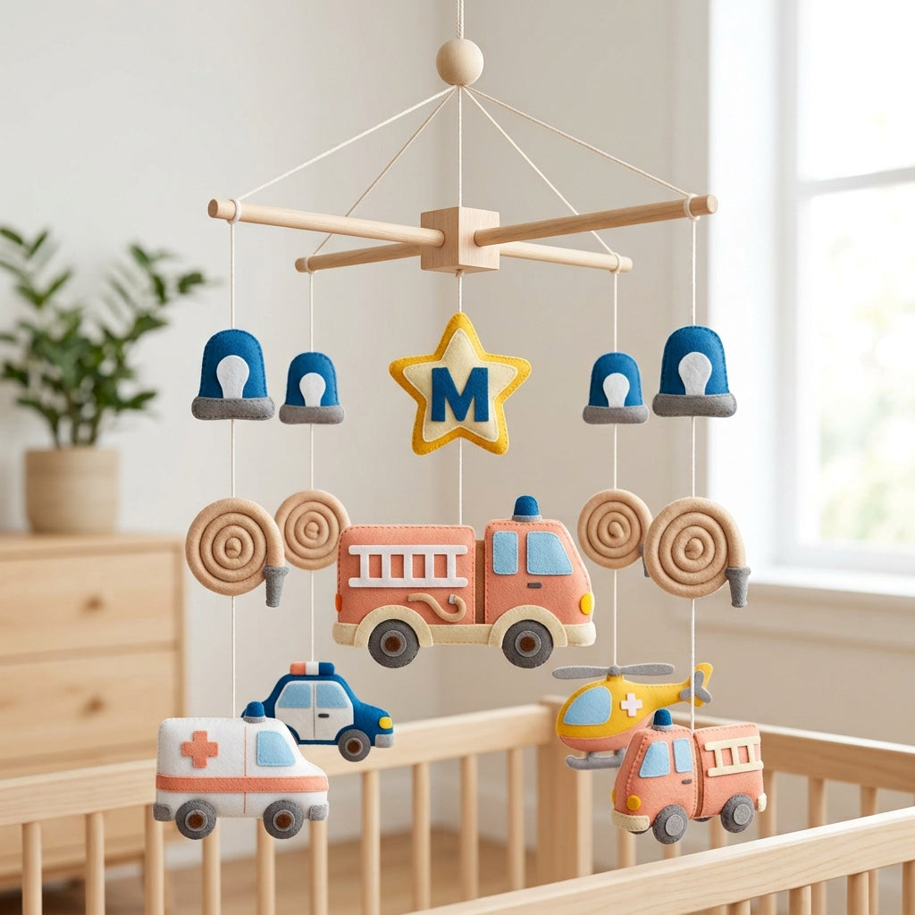 Felt Baby Mobile, Emergency Vehicle Crib Mobile, Rescue Nursery Decor, Baby Shower Gift
