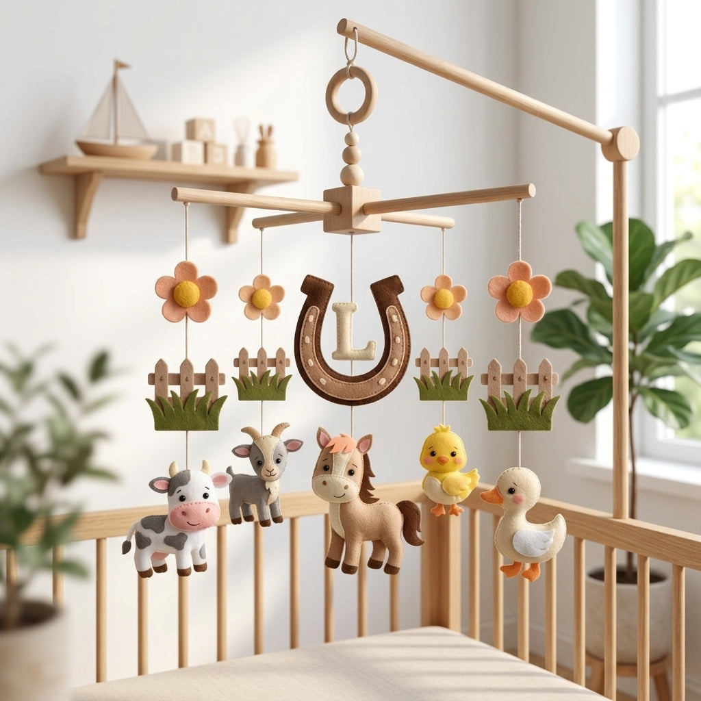 Personalized felt farm animal baby mobile with a horse, cow, goat, duck and horseshoe hanging above a wooden crib.