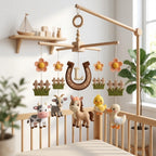 Personalized felt farm animal baby mobile with a horse, cow, goat, duck and horseshoe hanging above a wooden crib.