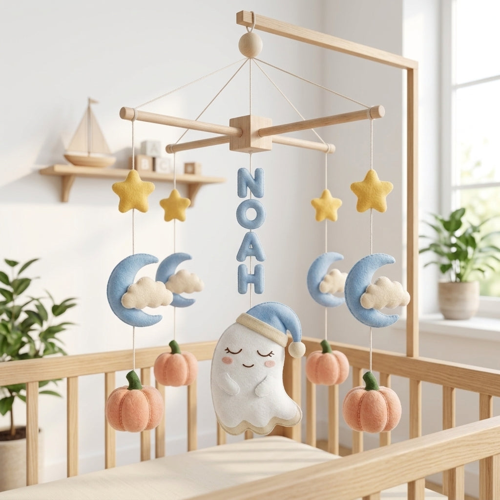 Personalized felt ghost baby mobile with pumpkins, moons, clouds and stars hanging above a wooden crib in a Halloween nursery.