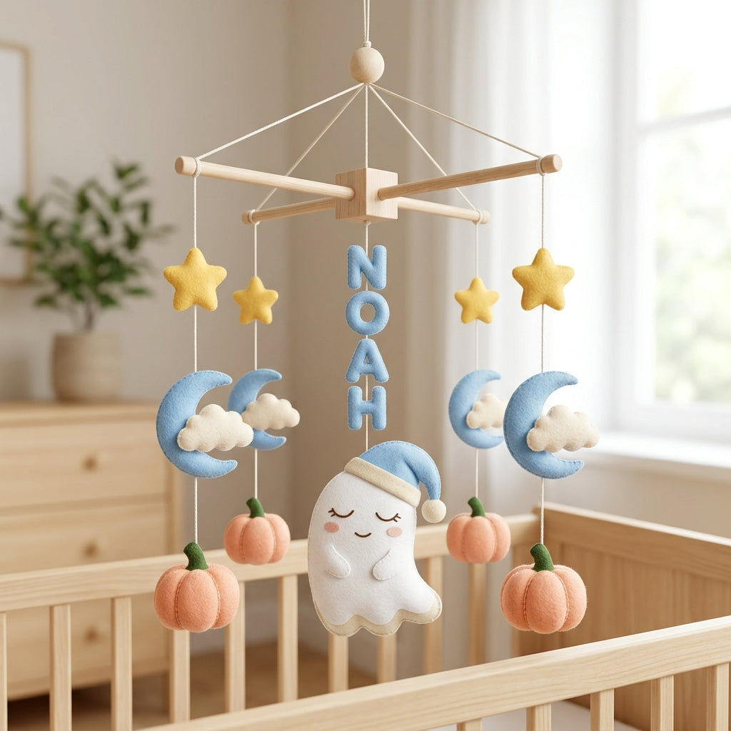 Personalized Felt Baby Mobile, Ghost Crib Mobile, Halloween Nursery Decor, Baby Shower Gift
