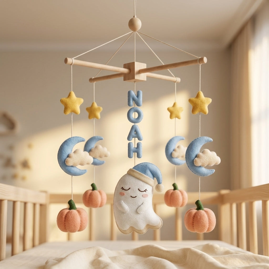 Personalized Felt Baby Mobile, Ghost Crib Mobile, Halloween Nursery Decor, Baby Shower Gift
